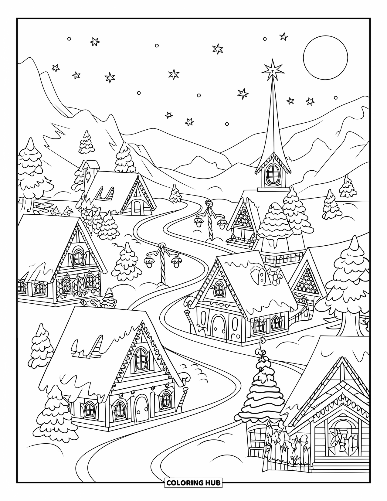 Christmas Village Coloring Page for Kids: A peaceful village sparkles beneath stars and a full moon