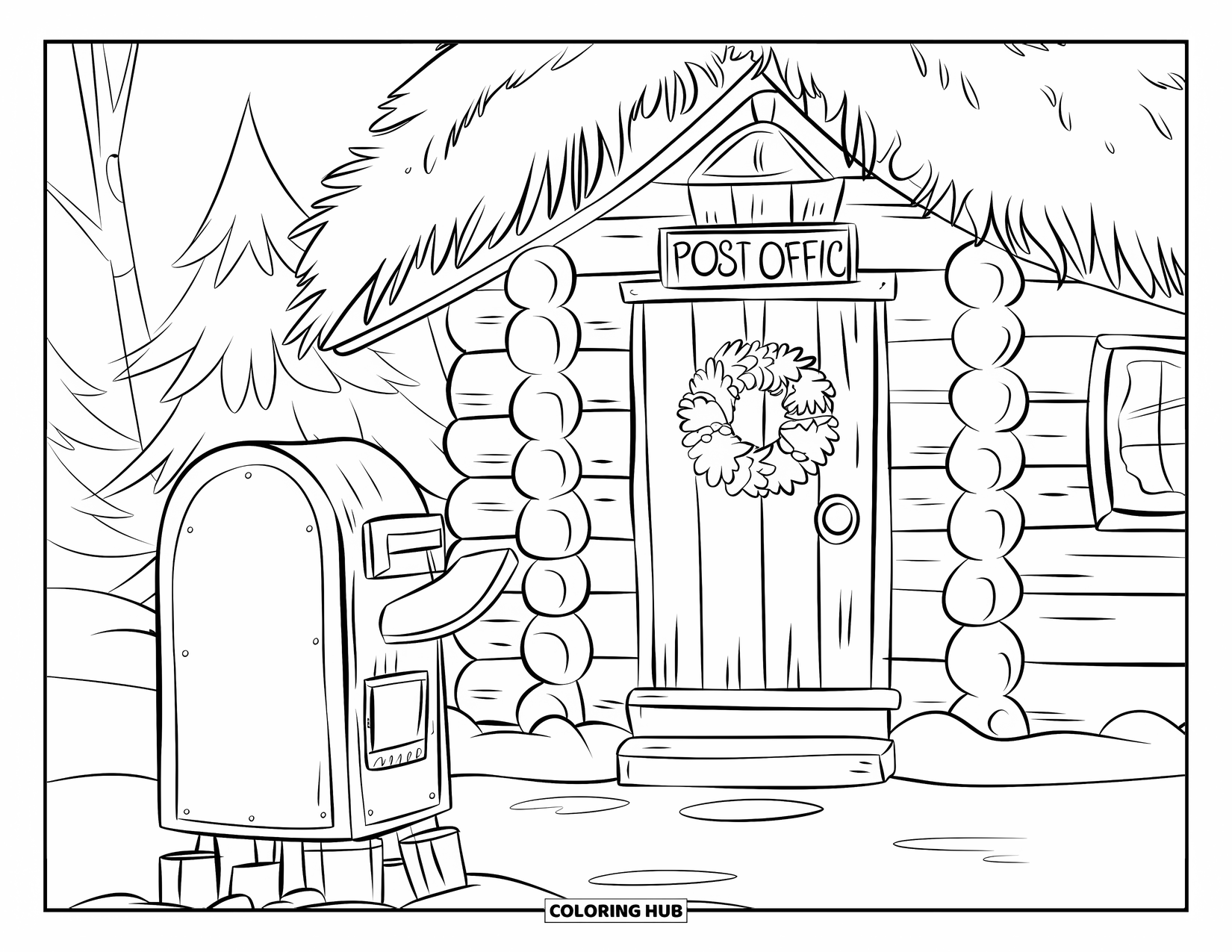 Christmas Village Coloring Page for Kids: A post office with a big mailbox welcomes snowy visitors