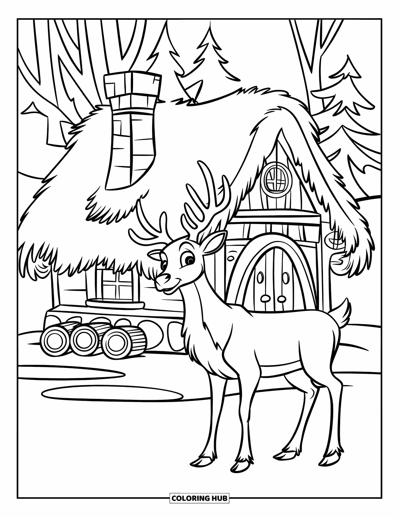 Christmas Village Coloring Page for Kids: A red-nosed reindeer rests beside a snowy village home