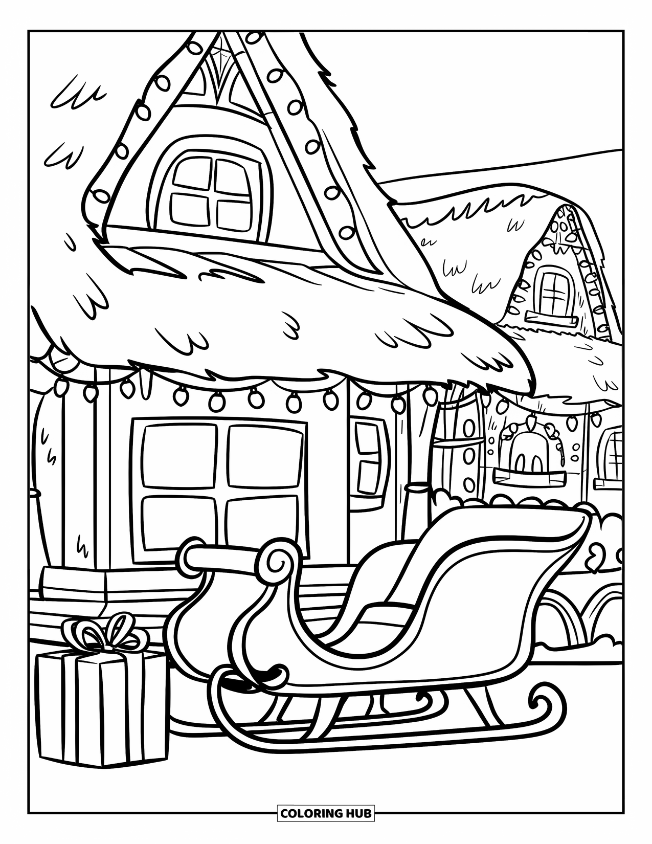 Christmas Village Coloring Page for Kids: A sleigh waits outside a cozy home on a snowy street