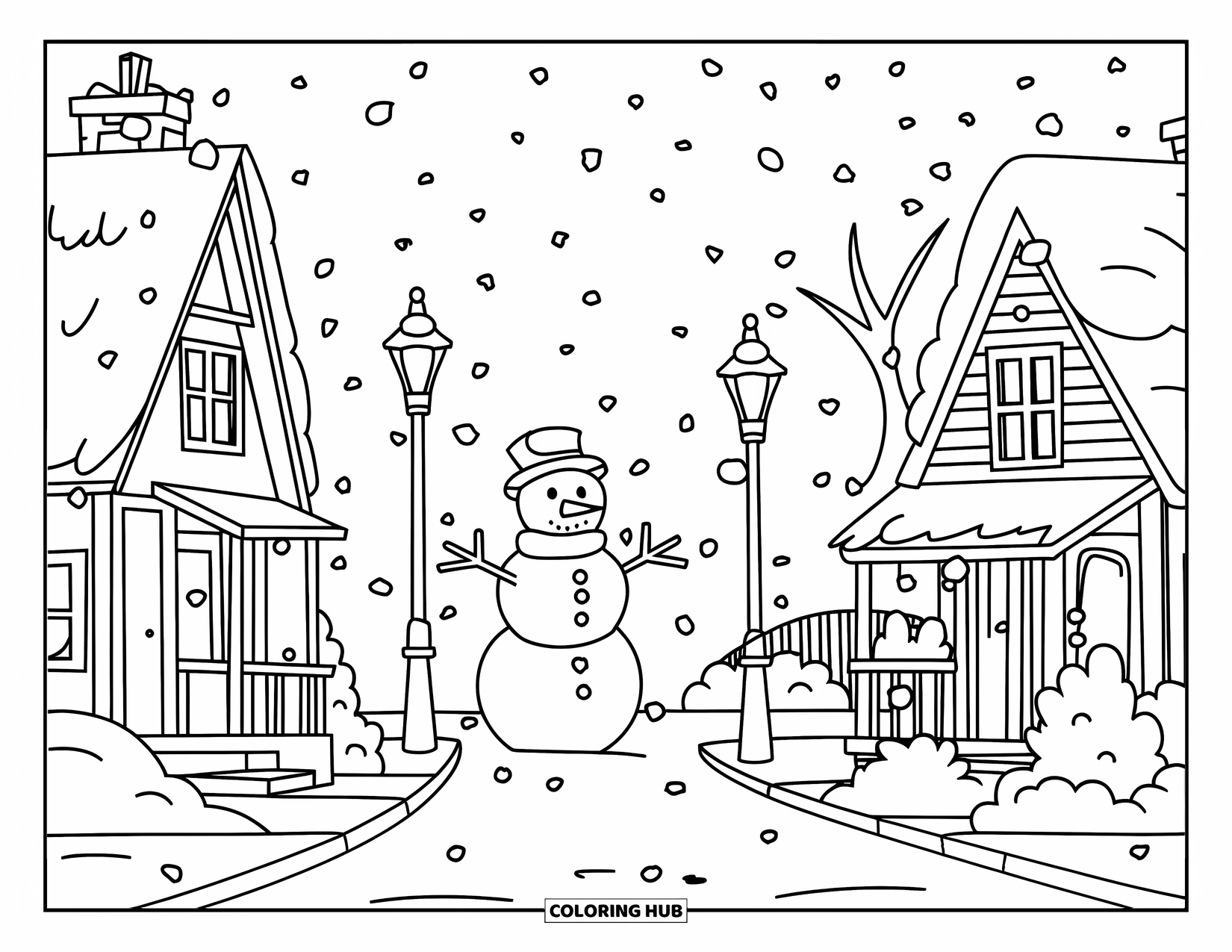 Christmas Village Coloring Page for Kids: A snowman smiles on a quiet village street with falling snow