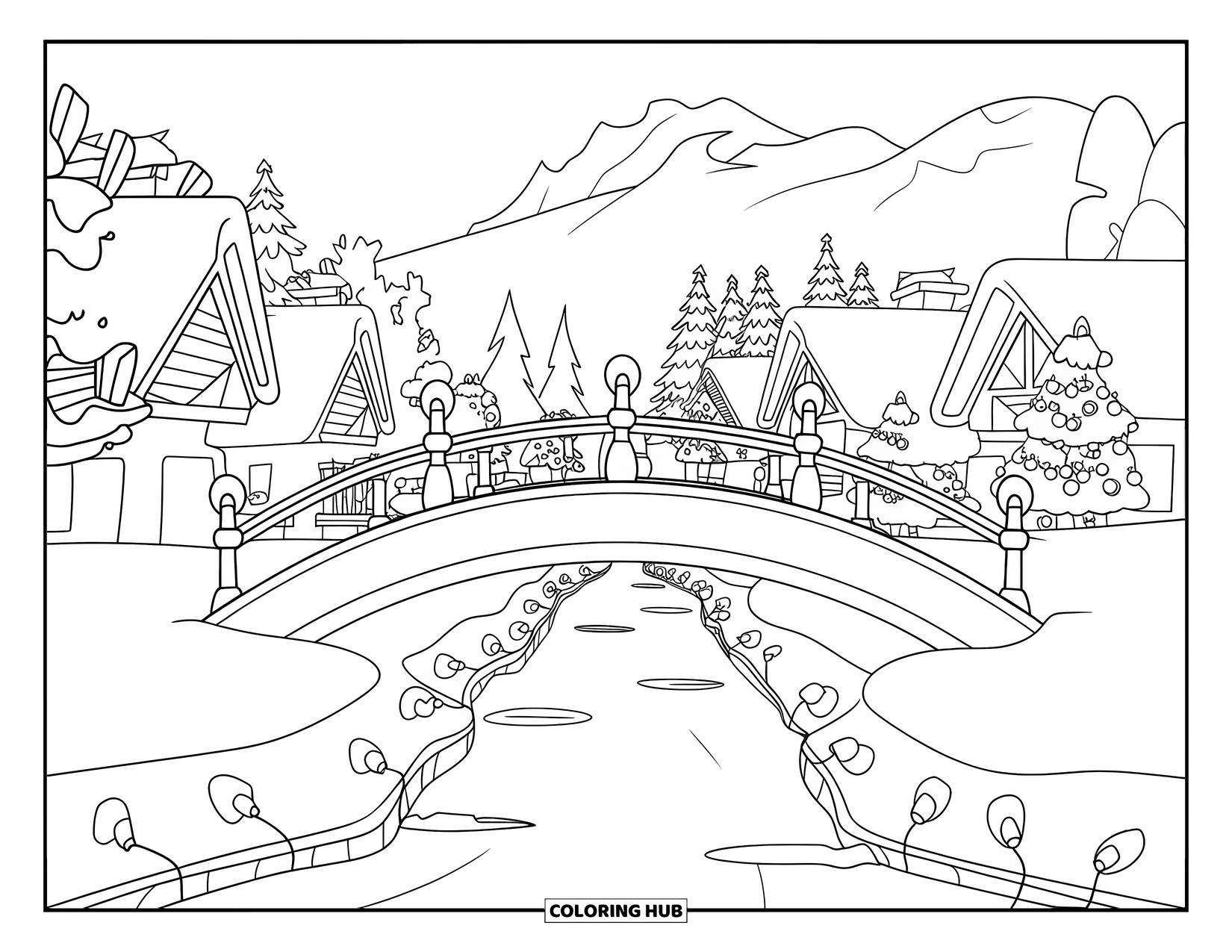 Christmas Village Coloring Page for Kids: A snowy bridge connects cottages with lights and wreaths