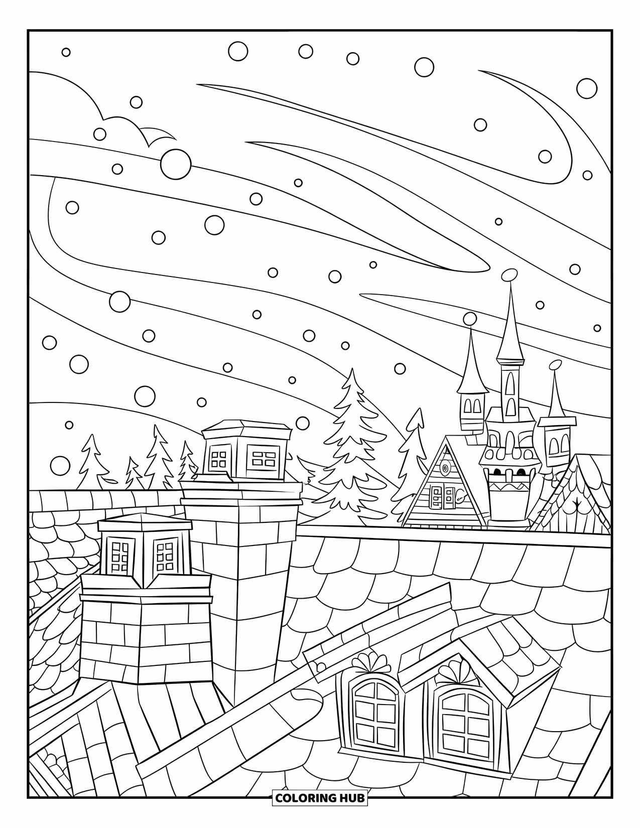 Christmas Village Coloring Page for Kids: A snowy rooftop village sparkles under swirling snowflakes