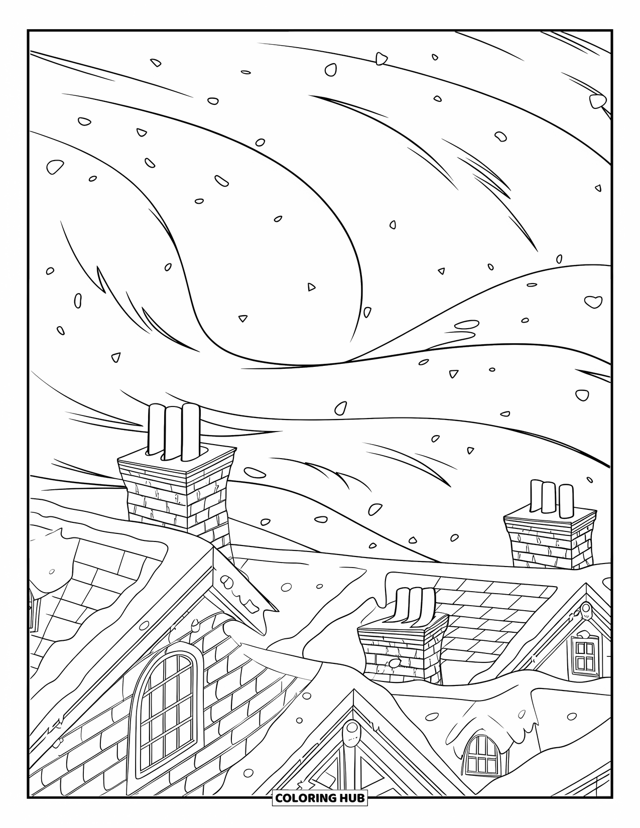 Christmas Village Coloring Page for Kids: A snowy village viewed from above with rooftops and chimneys