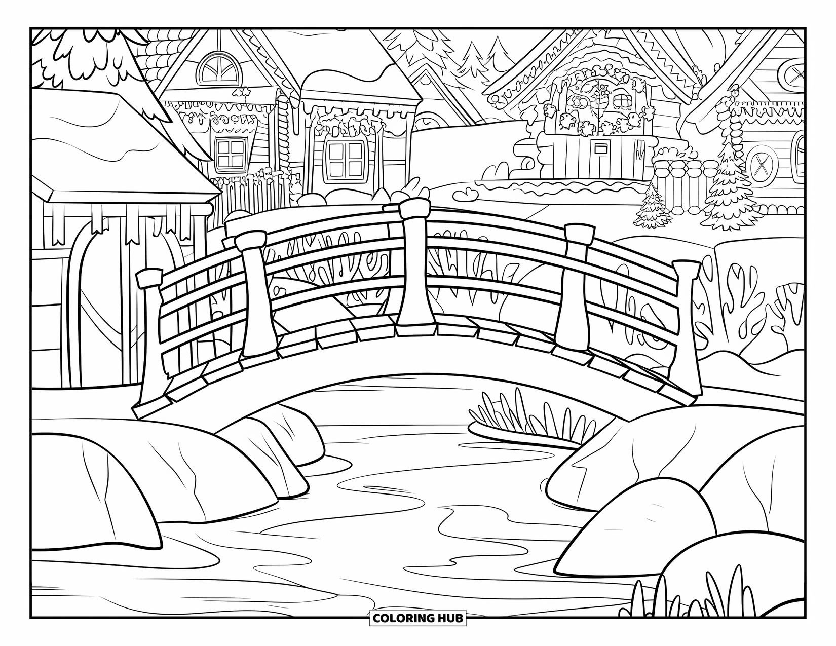 Christmas Village Coloring Page for Kids: A wooden bridge crosses a frozen stream in the village