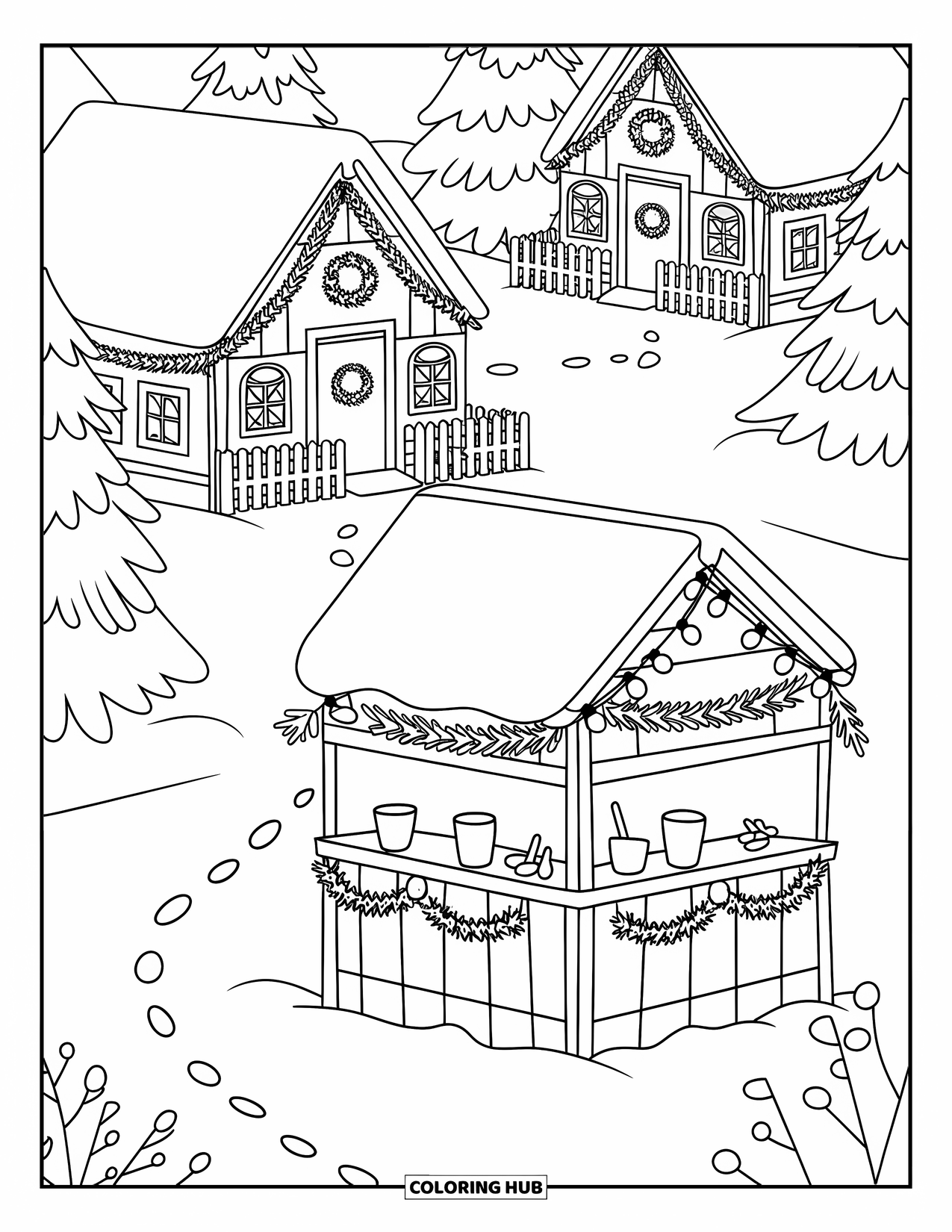 Christmas Village Coloring Page for Kids: Footprints lead to a cocoa stand between snowy cabins