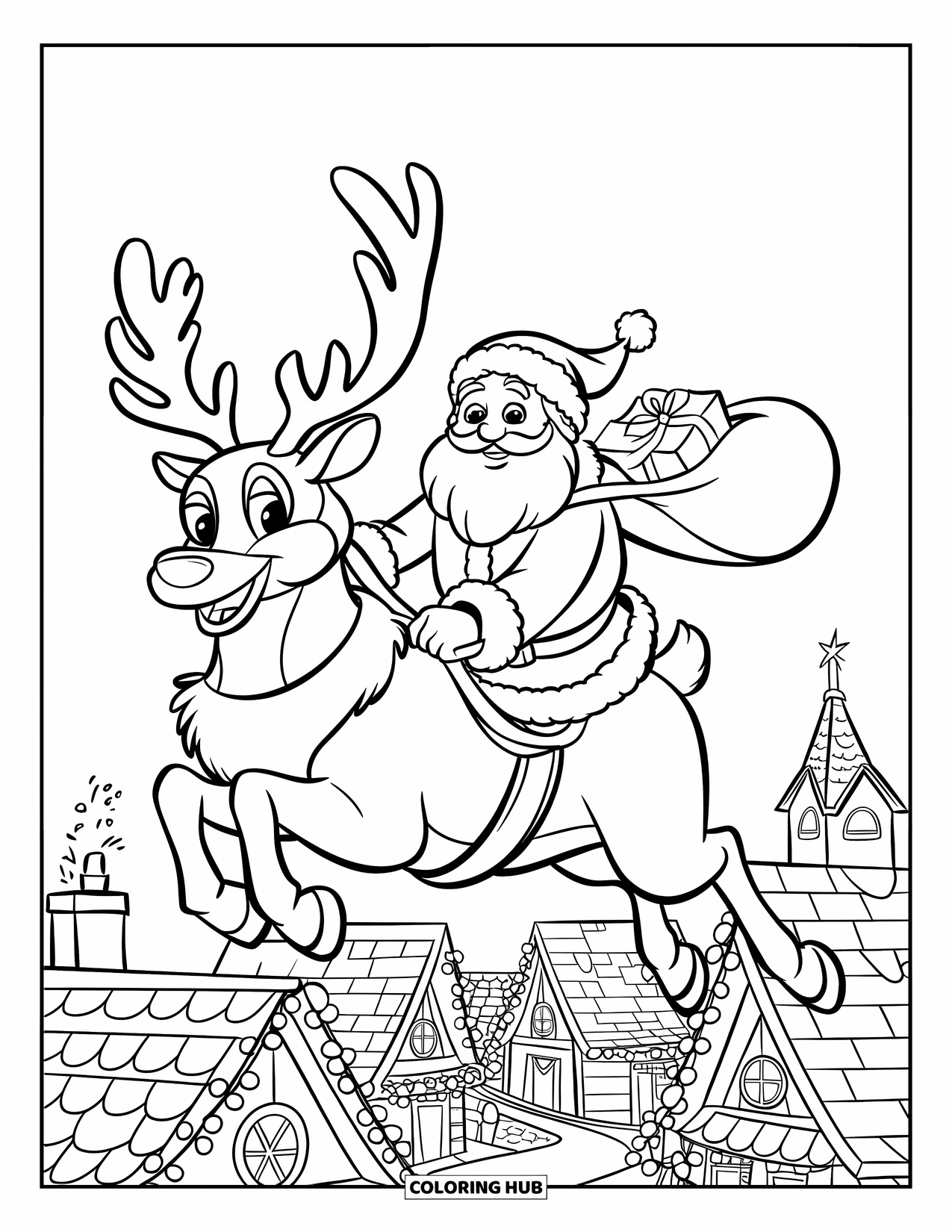 Christmas Village Coloring Page for Kids: Santa waves from his sleigh high above the Christmas village