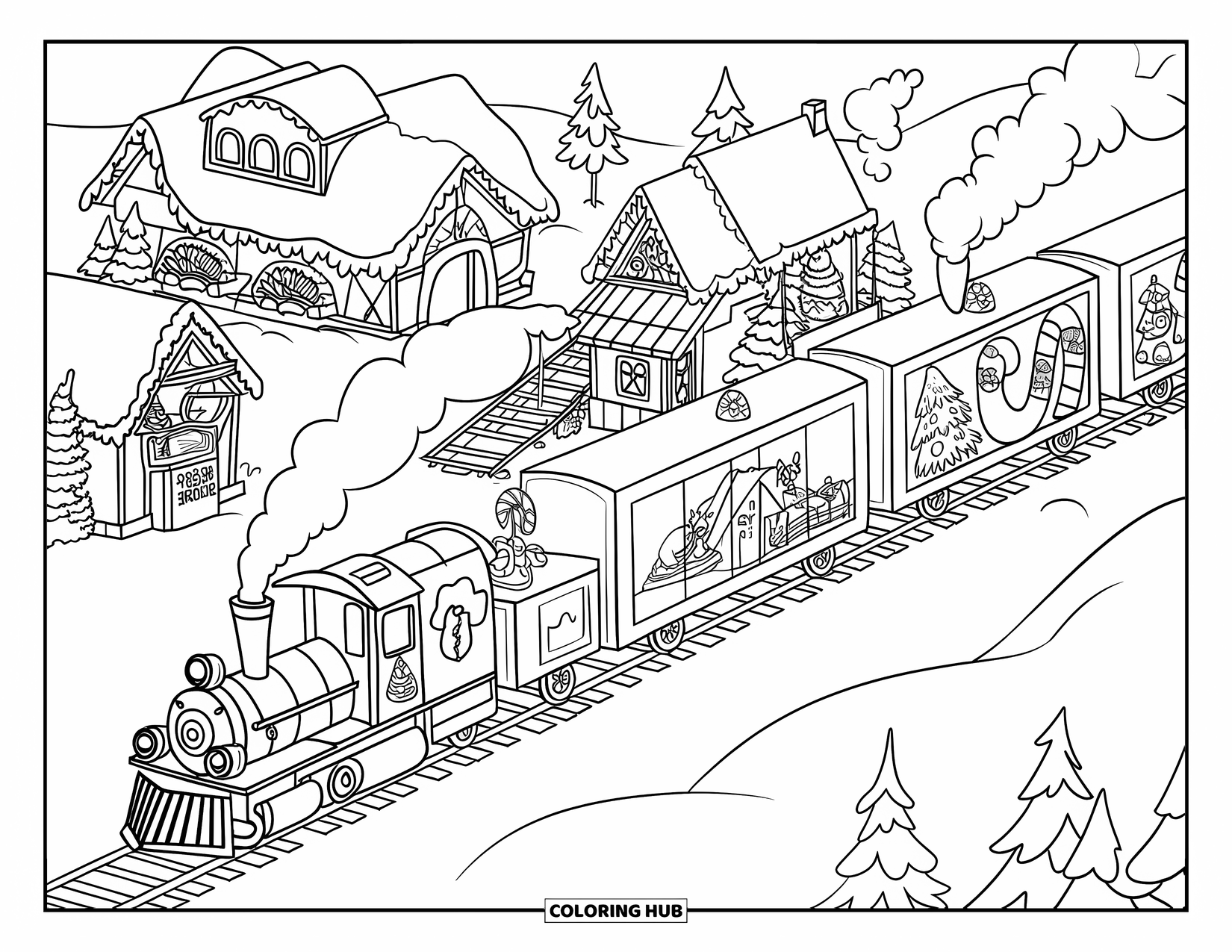 Christmas Village Coloring Page for Kids: Smoke rises from a festive train at the North Pole station