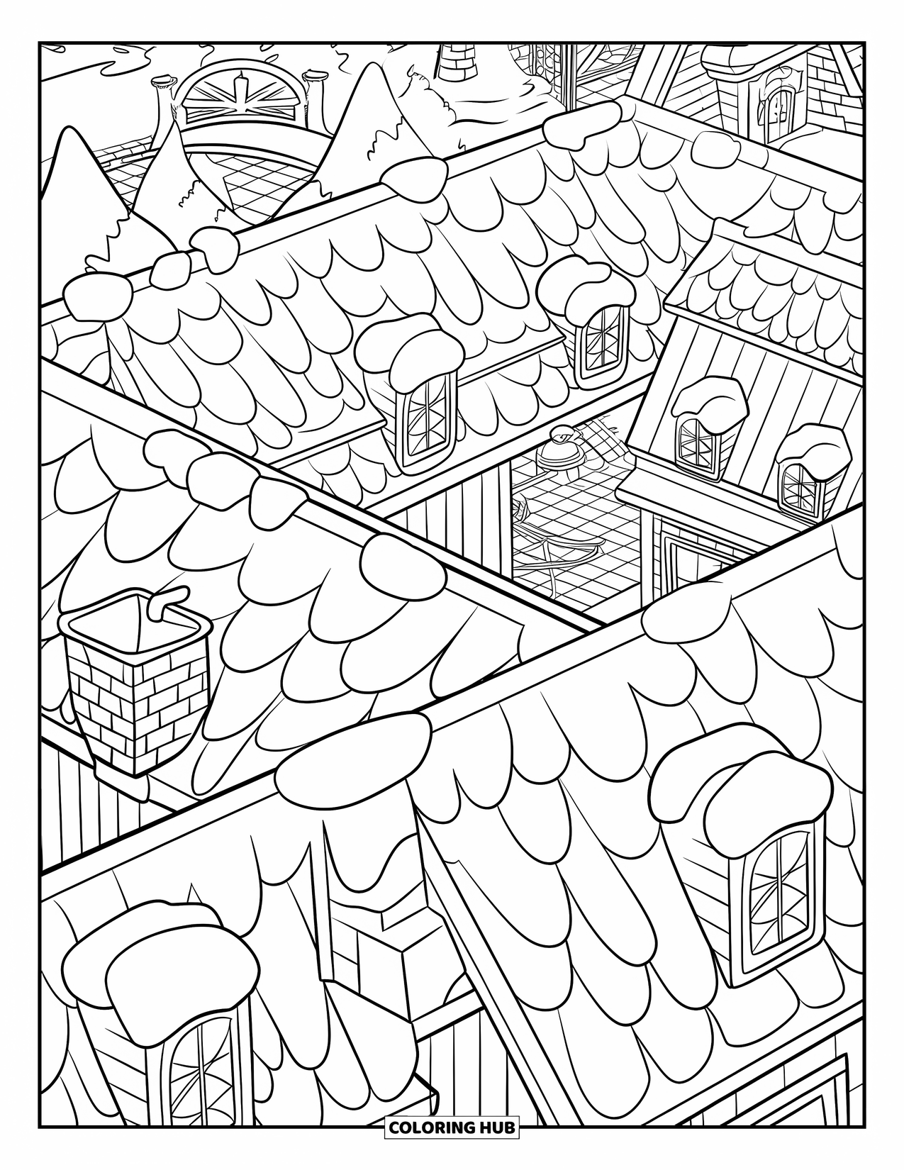 Christmas Village Coloring Page for Kids: Snow swirls around rooftops and chimneys in a festive village