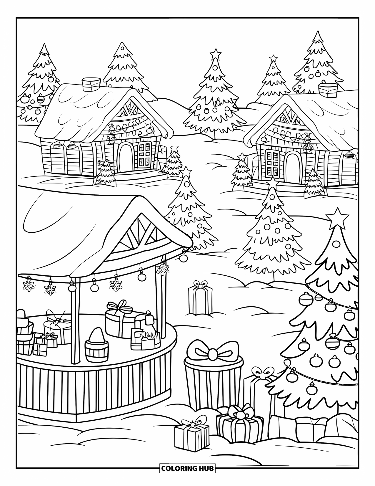 Christmas Village Coloring Page for Kids: Snowy cabins surround a cheerful hot cocoa stand