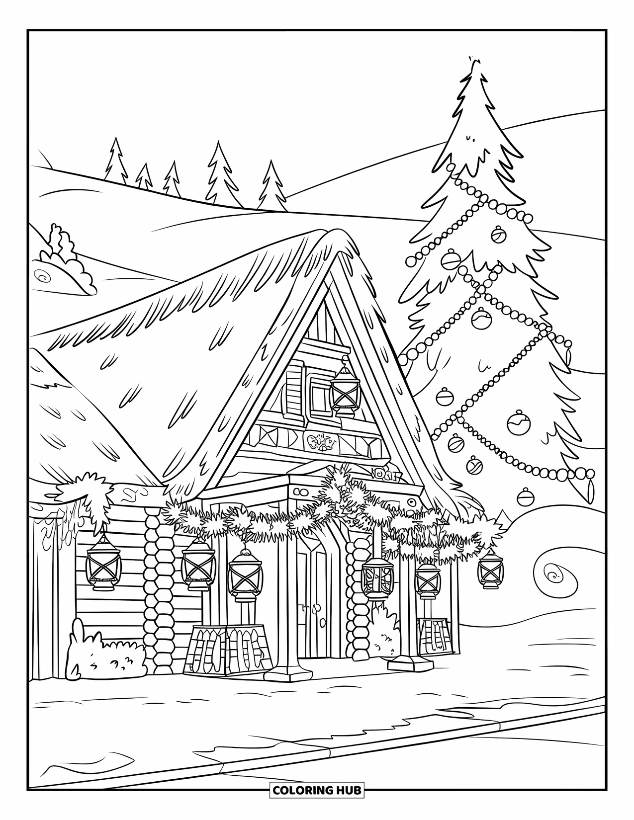 Christmas Village Coloring Page for Kids: The town hall glows beside a tall, decorated Christmas tree