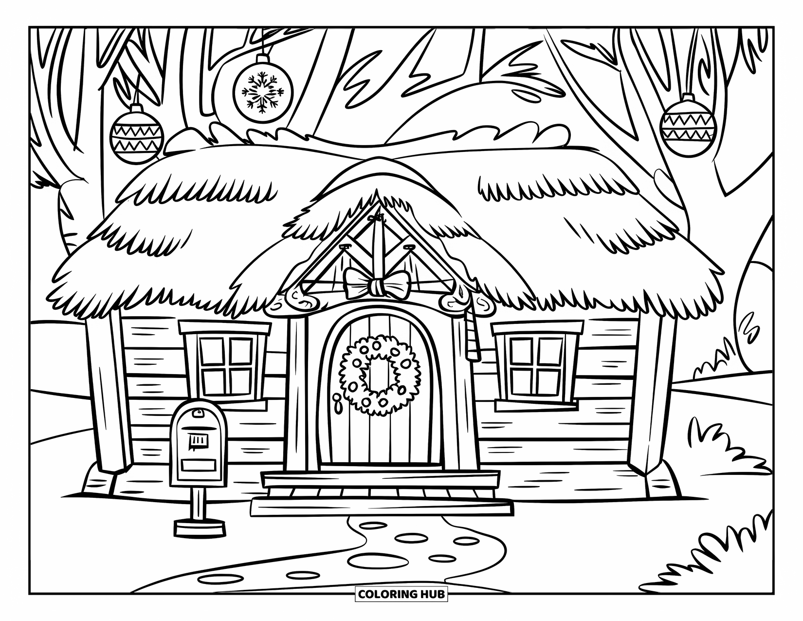 Christmas Village Coloring Page for Kids: The village post office stands bright with wreaths and snow