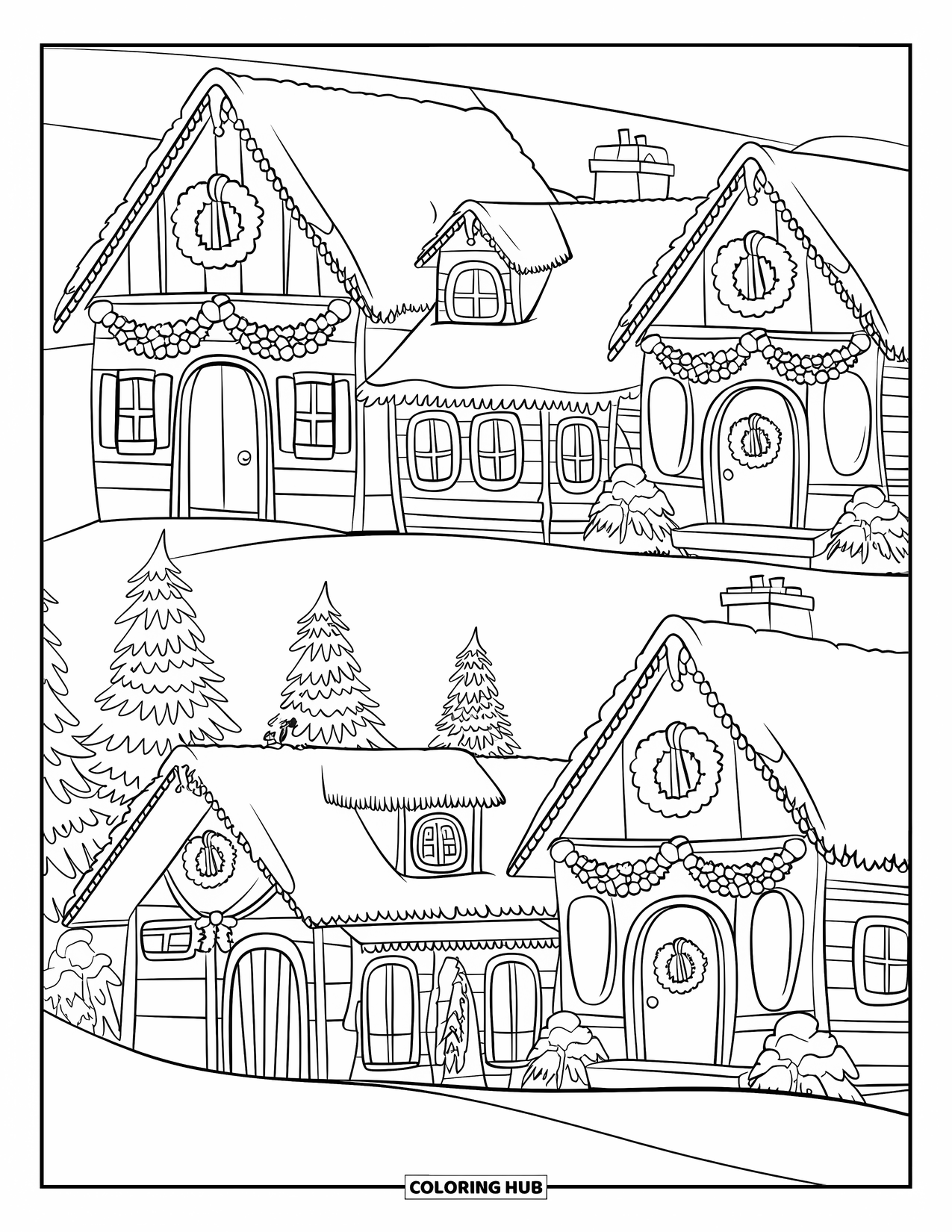 Christmas Village Coloring Page for Kids: Wooden houses with red roofs gleam in a snowy village
