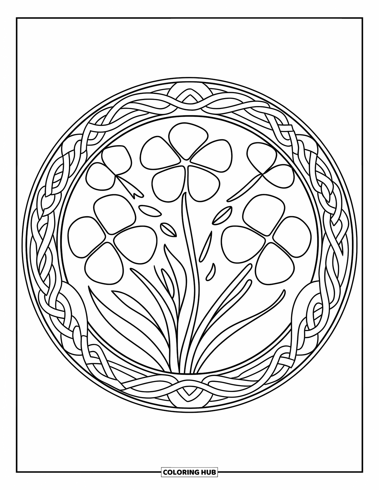 Clover Coloring Page for Adults: A clover bouquet blooms inside a circular Celtic mandala