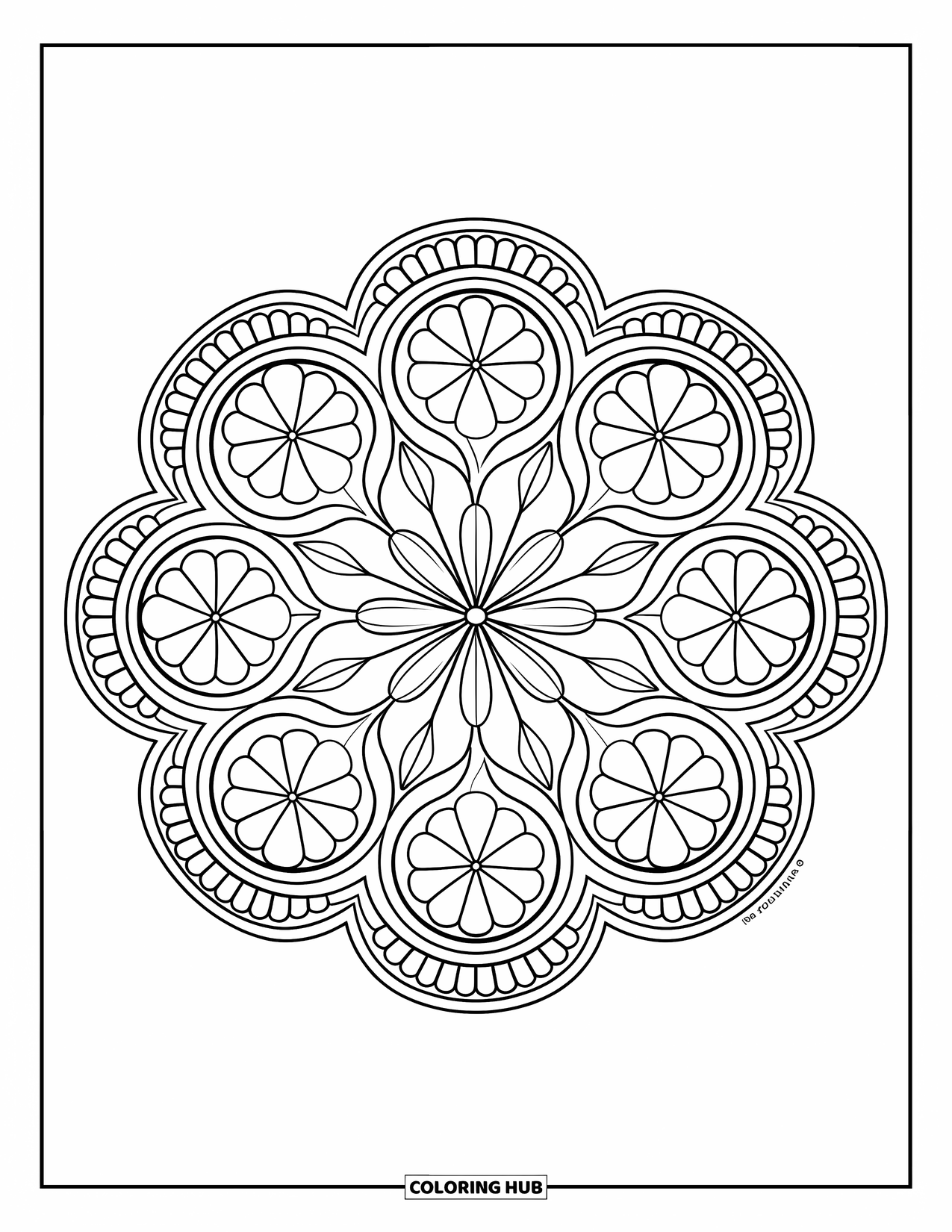 Clover Coloring Page for Adults: A clover-filled mandala blooms with leaves and vines in every layer