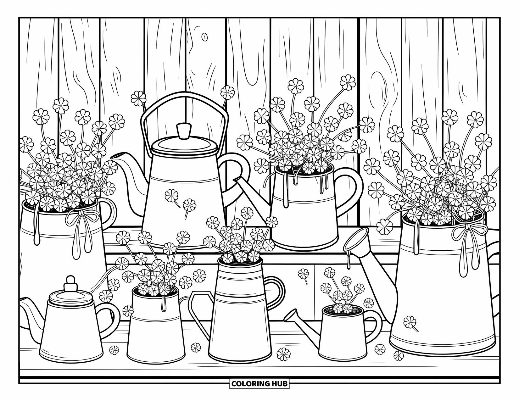 Clover Coloring Page for Adults: A cozy shelf holds vintage pots and jars overflowing with clovers and sweet details