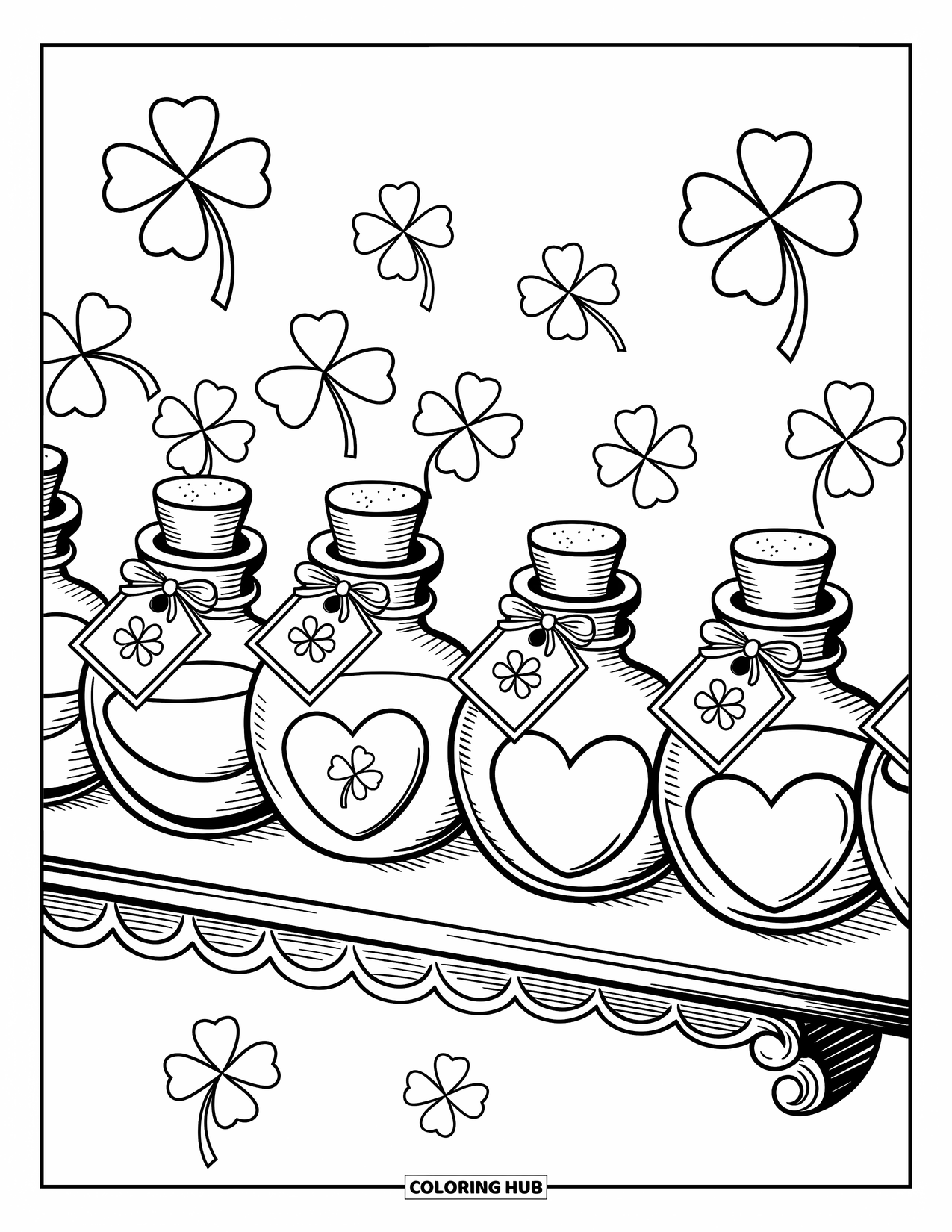 Clover Coloring Page for Adults: A floating shelf displays sweet potion bottles filled with clovers and tags