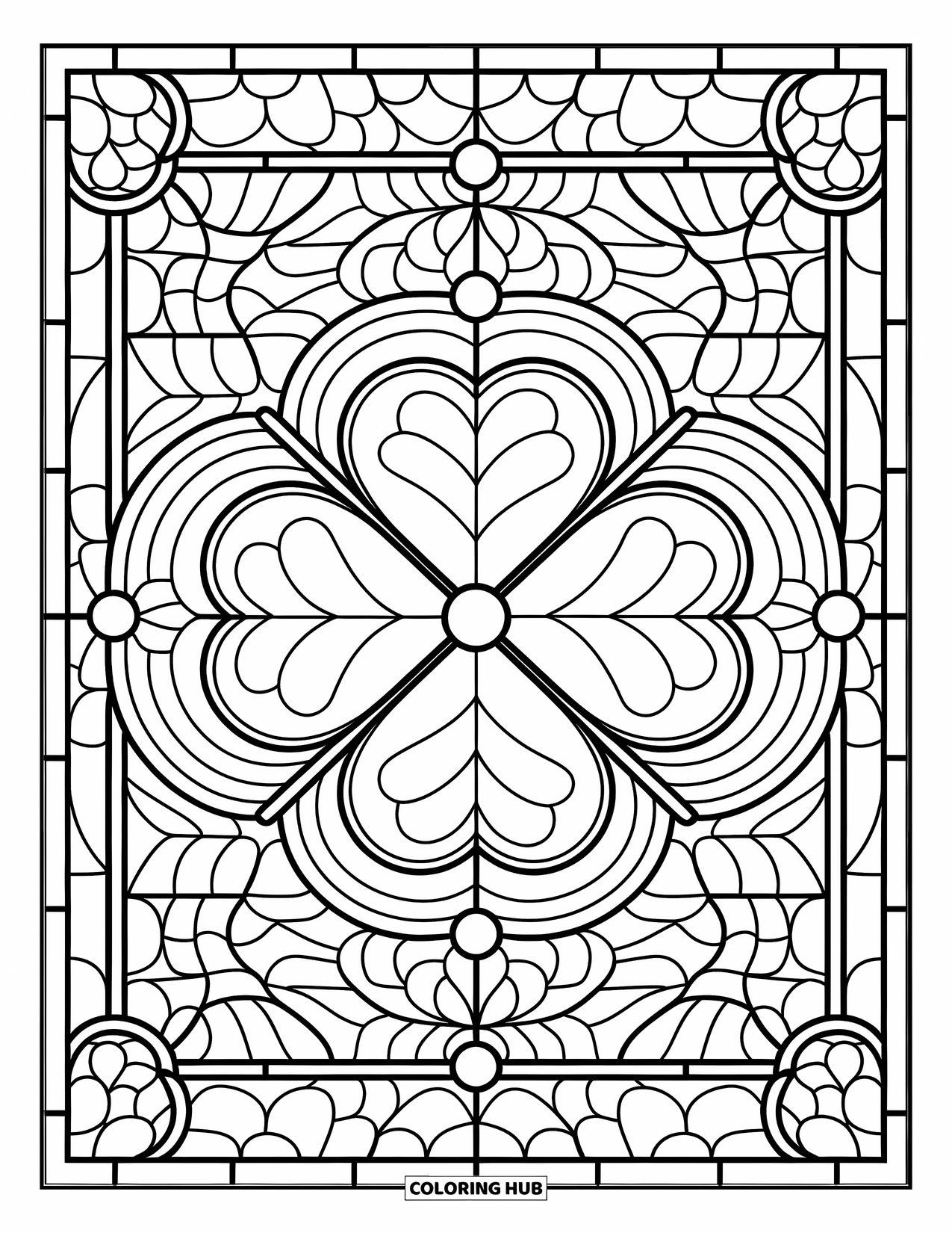Clover Coloring Page for Adults: A four-leaf clover shines in a stained glass window design