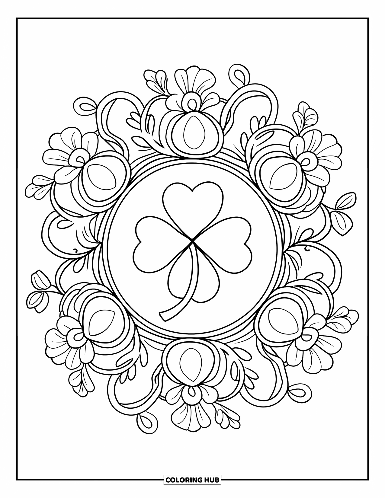 Clover Coloring Page for Adults: A heart-leaf clover sits in the middle of swirling flower vines