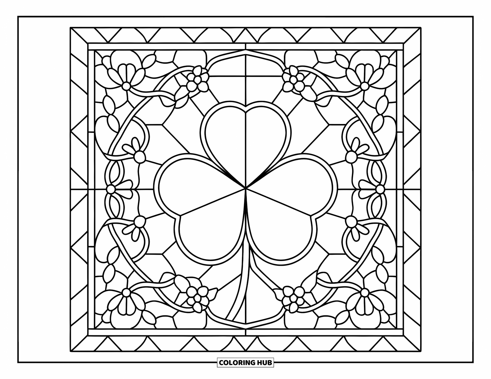 Clover Coloring Page for Adults: A heart-leaf clover sits inside a floral stained glass border