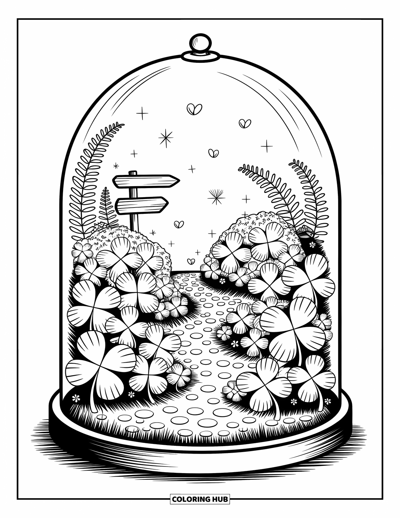 Clover Coloring Page for Adults: A tiny clover landscape with moss and sparkles lives inside a glass terrarium