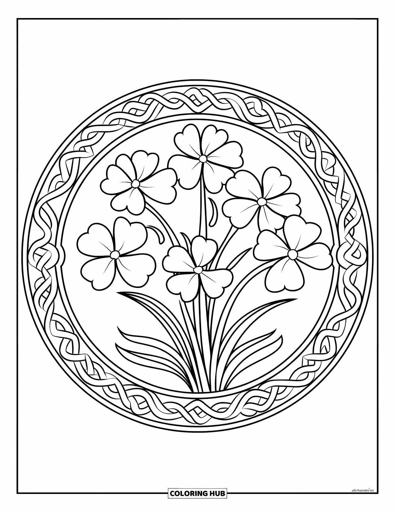Clover Coloring Page for Adults: Celtic knots and clovers form a bold, beautiful circular design