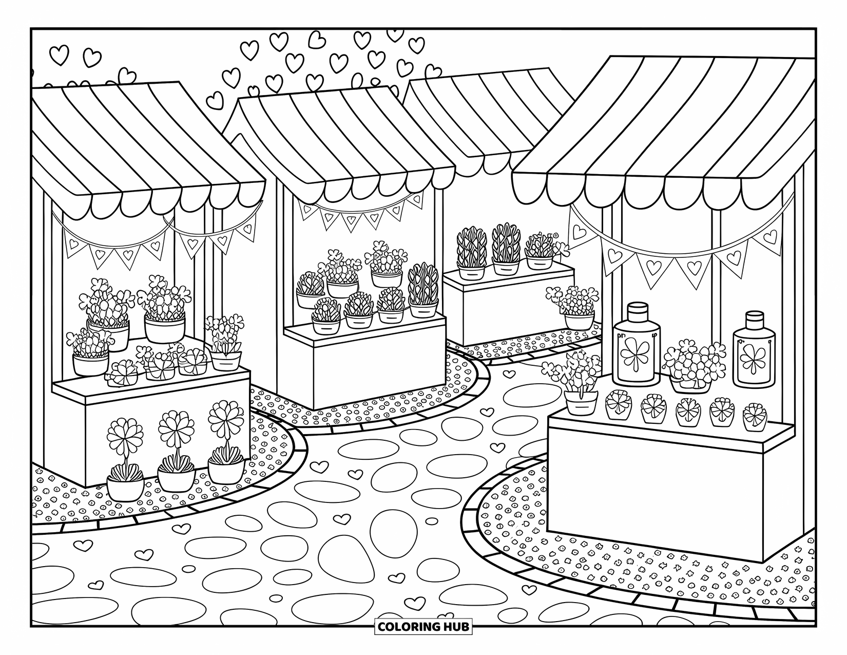 Clover Coloring Page for Adults: Charming stalls line a petal path, selling clover-themed treasures and treats