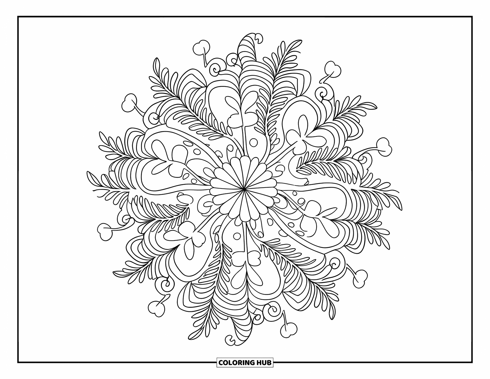 Clover Coloring Page for Adults: Clover leaves and curling vines swirl through a calming circular mandala