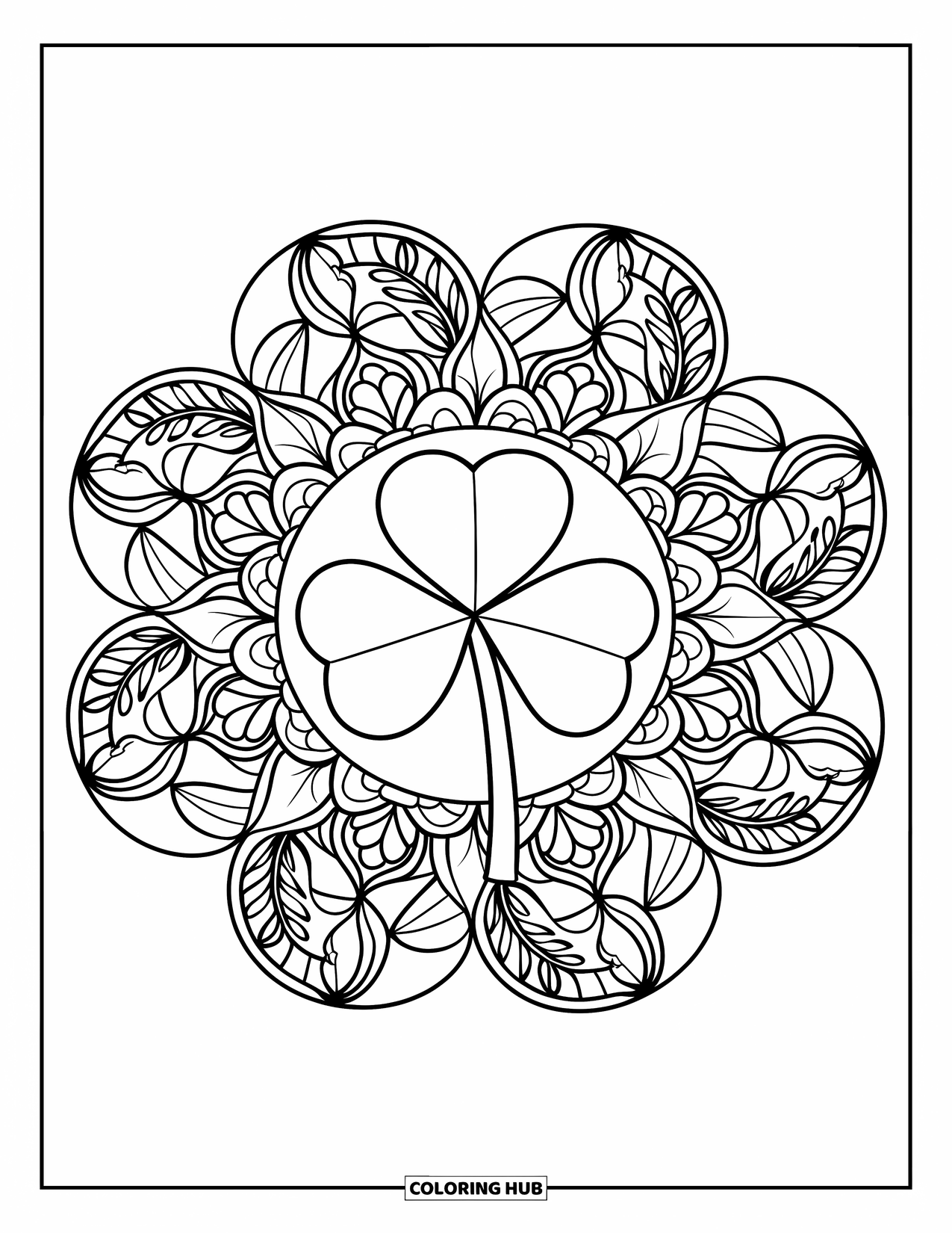 Clover Coloring Page for Adults: Floral vines surround a single clover in a soft circular design