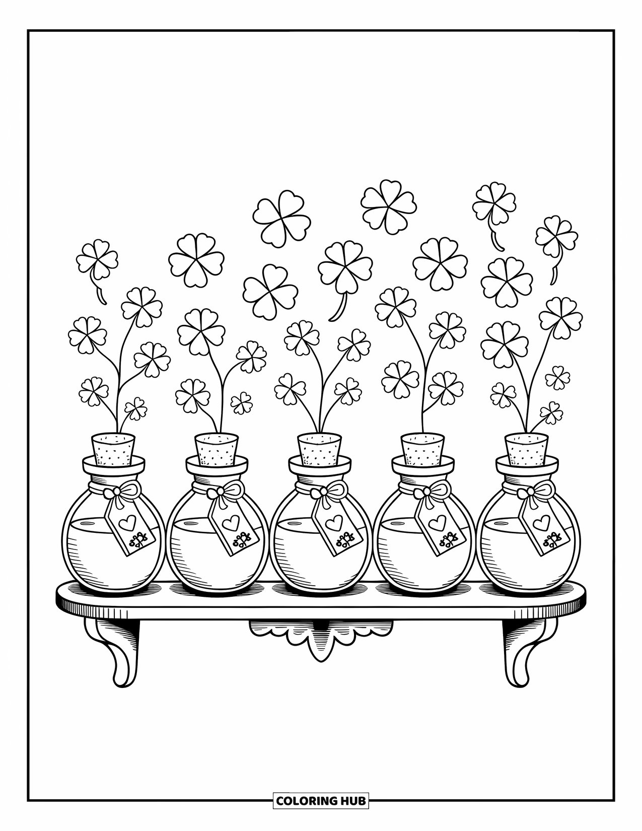 Clover Coloring Page for Adults: Mini potion bottles brim with clovers and bows on a softly lit shelf