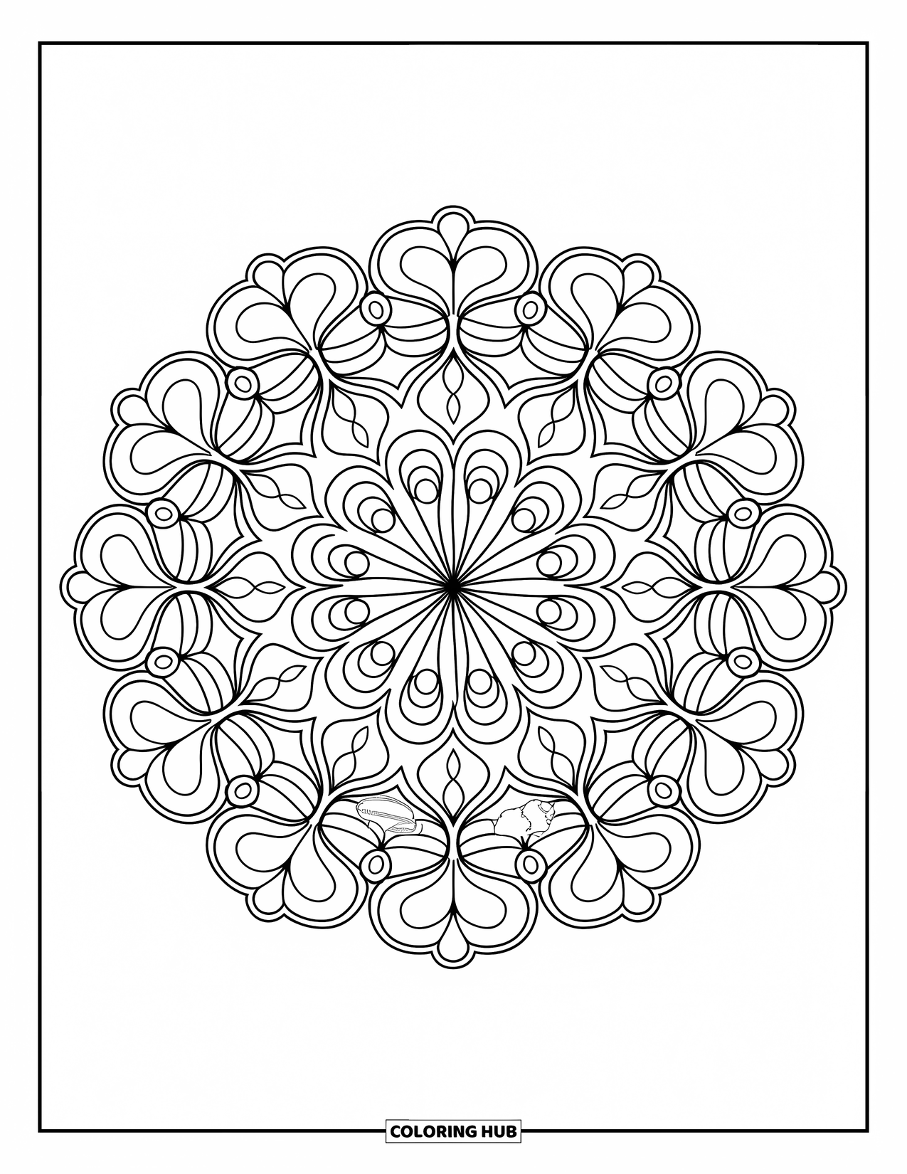 Clover Coloring Page for Adults: Repeating clover shapes form a balanced, floral mandala for mindful coloring