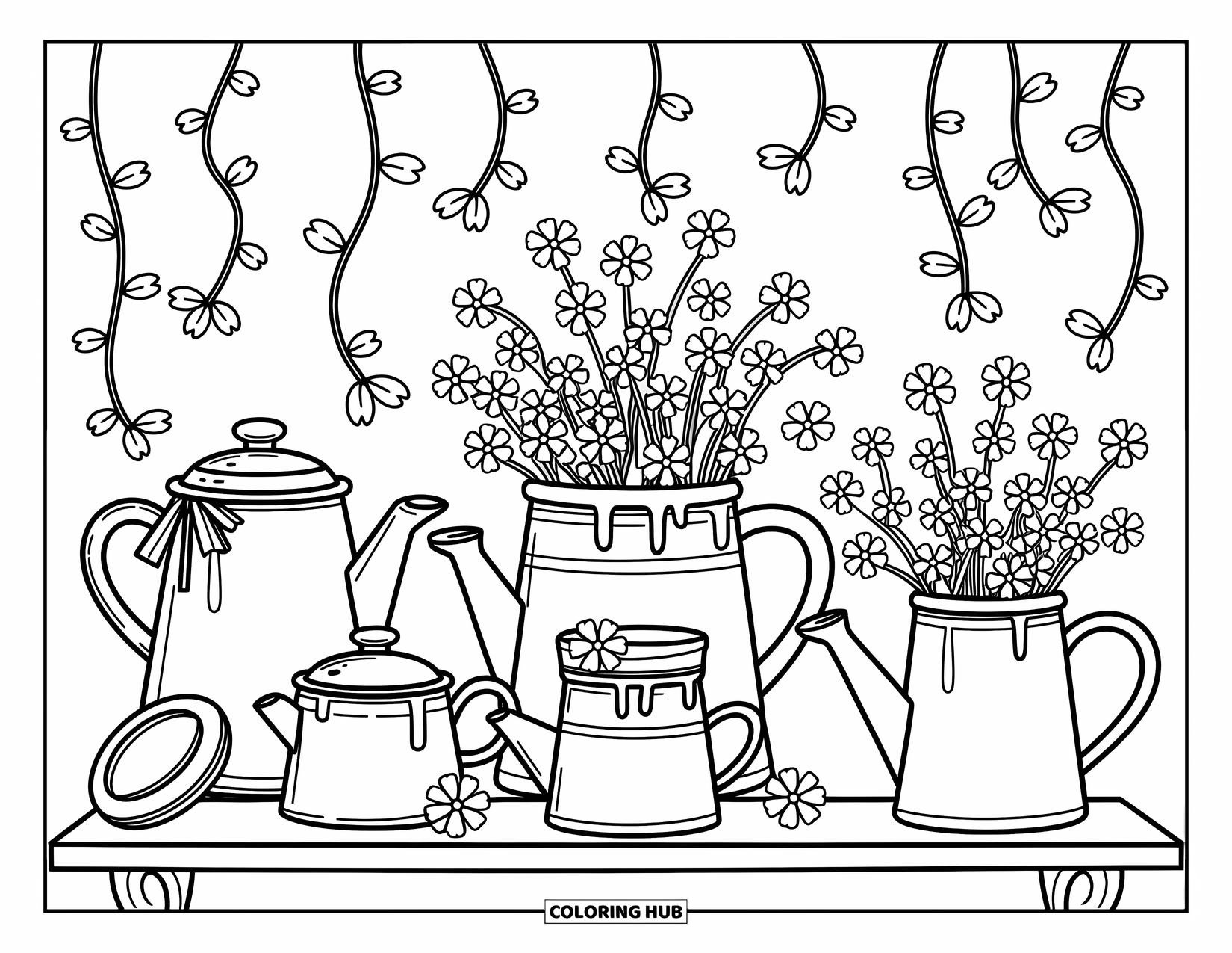Clover Coloring Page for Adults: Teapots and jars spill clovers and ribbons from a softly lit wooden shelf