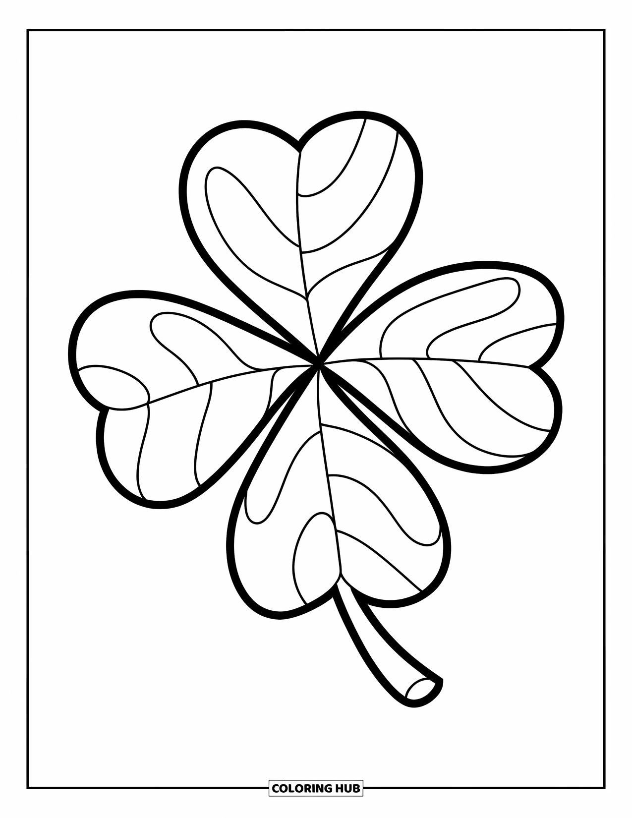 Clover Coloring Page for Kids: A big four-leaf clover with soft curves rests on a white page