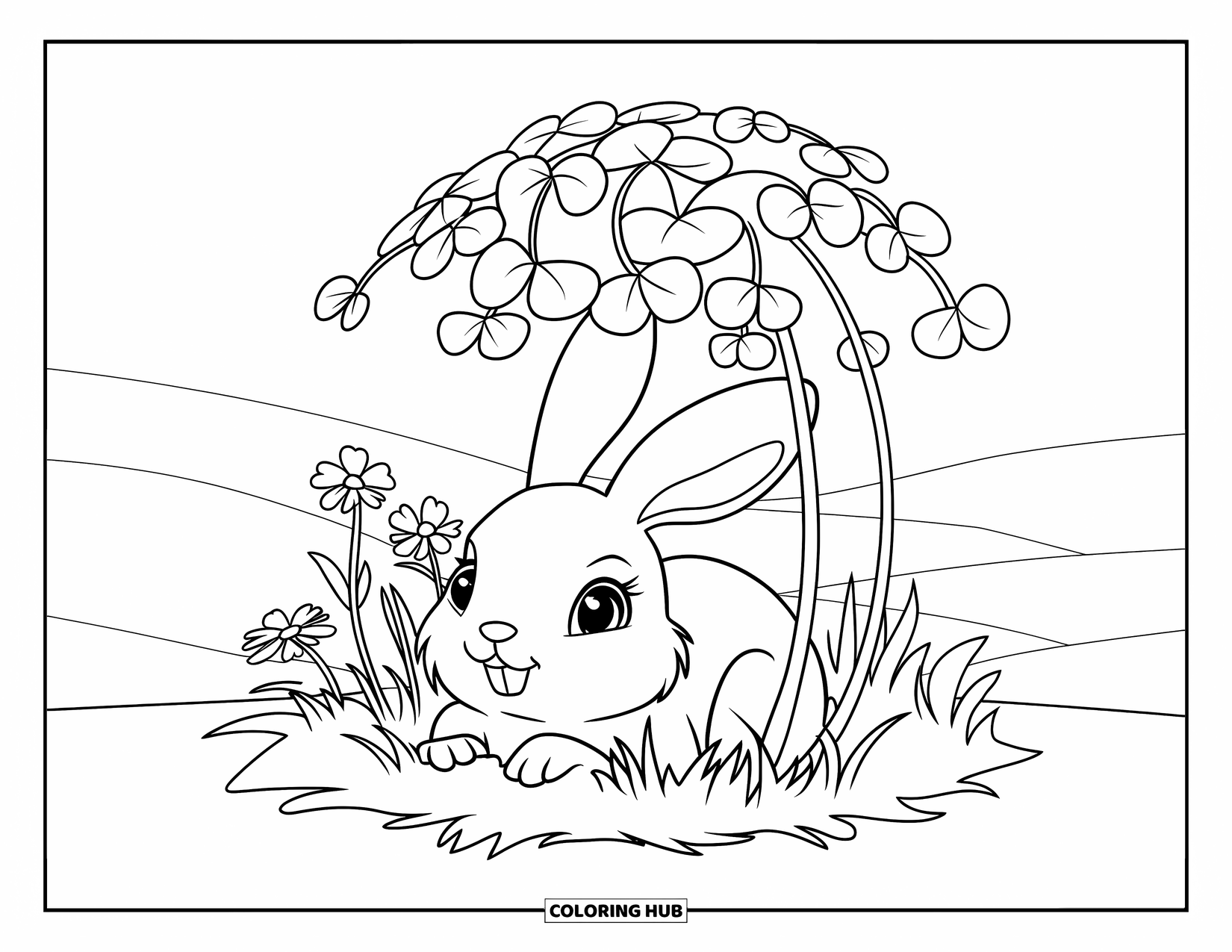 Clover Coloring Page for Kids: A bunny curls up under a clover canopy in a quiet, open landscape