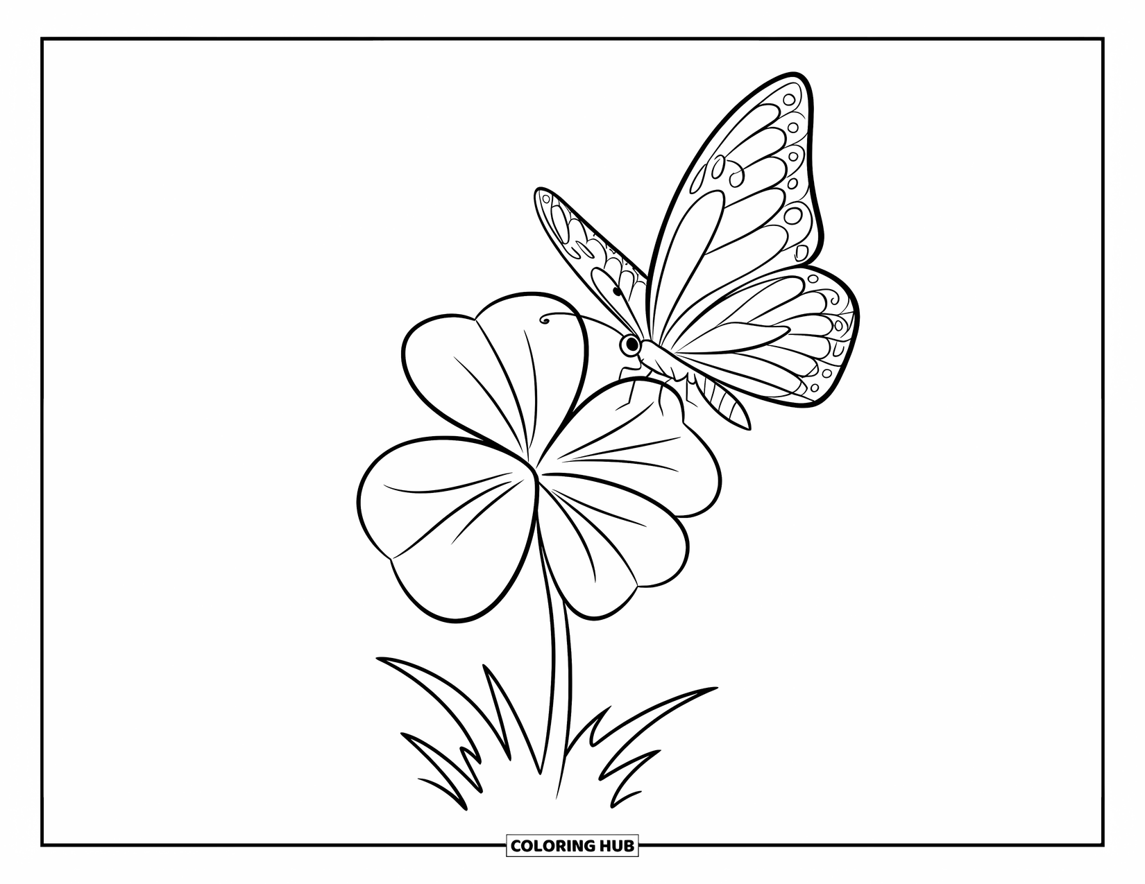 Clover Coloring Page for Kids: A butterfly hovers above a single clover with detailed wings