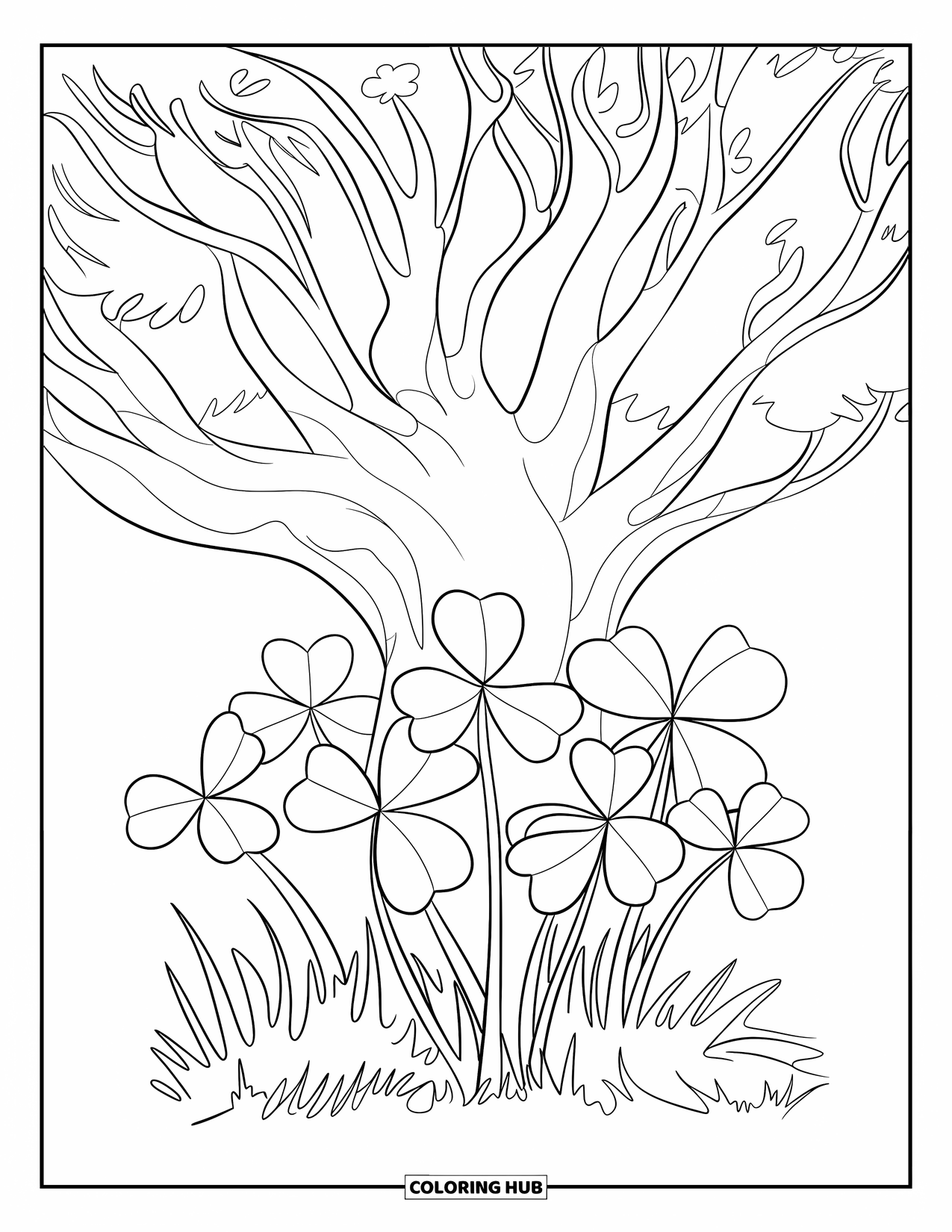 Clover Coloring Page for Kids: A group of heart-shaped clovers grows near a large, leafy tree