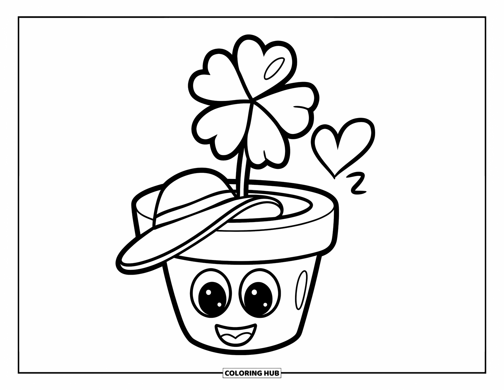 Clover Coloring Page for Kids: A happy potted clover with a hat smiles beside a heart