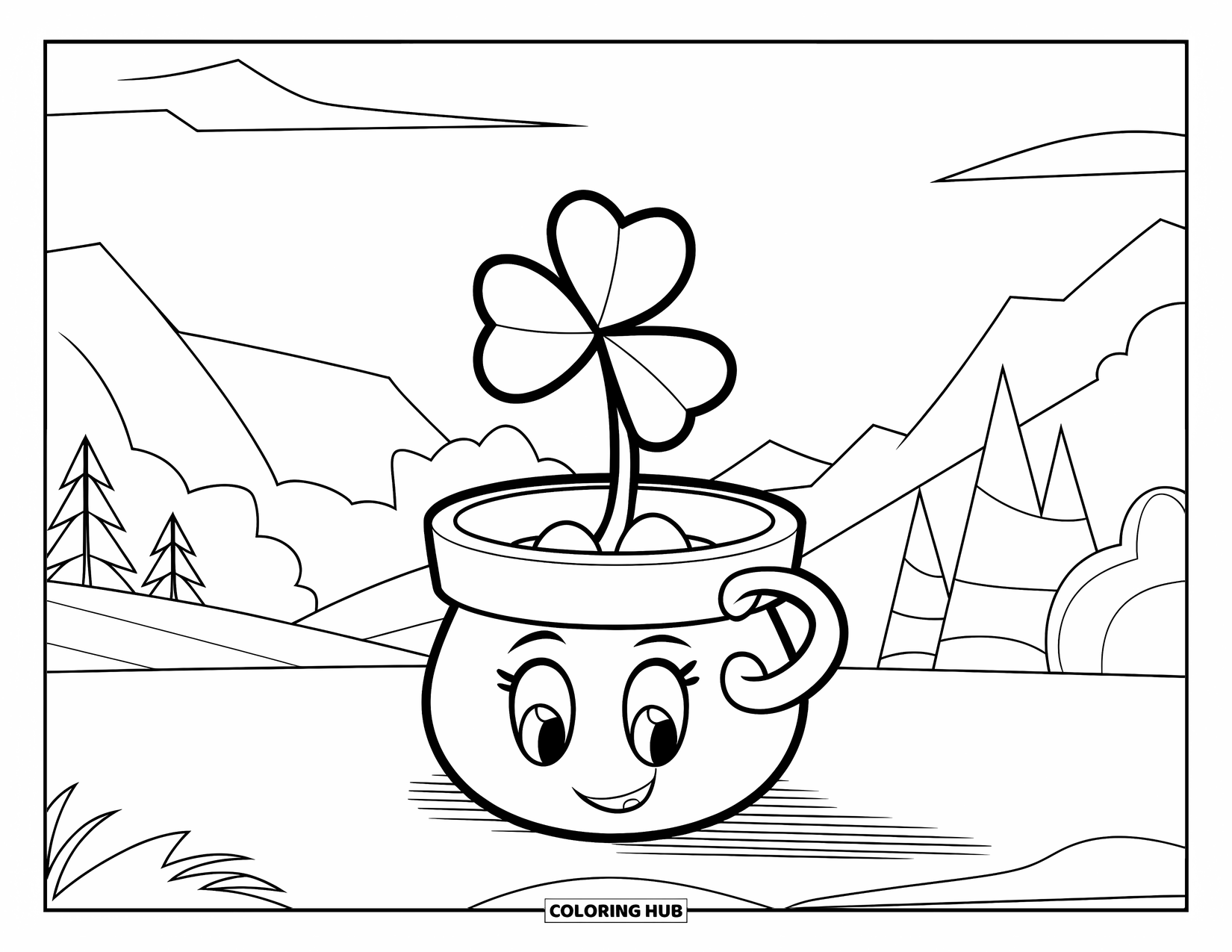 Clover Coloring Page for Kids: A smiling pot grows a clover beneath the clear mountain sky
