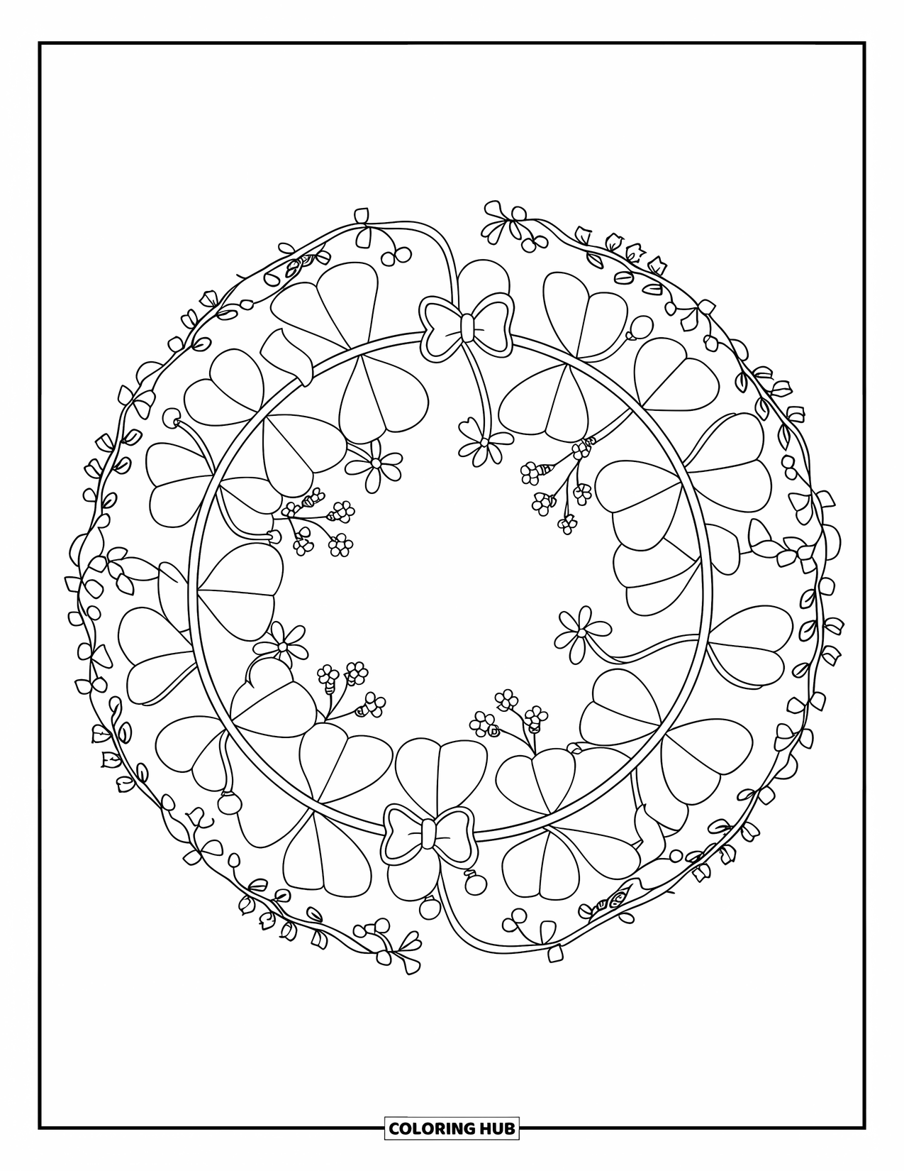 Clover Coloring Page for Kids: A wreath of clovers sparkles with bows, flowers, and beads