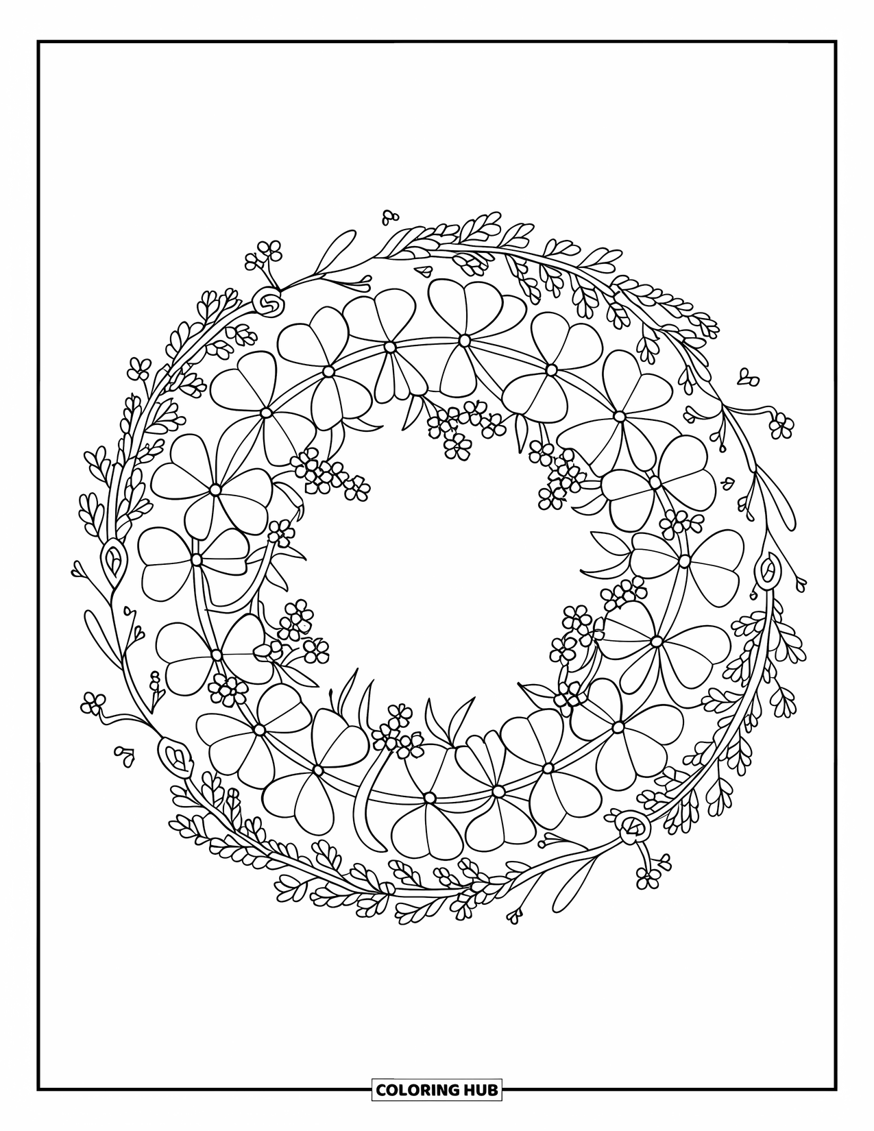 Clover Coloring Page for Kids: Clover leaves form a wreath with tiny flowers and curled vines