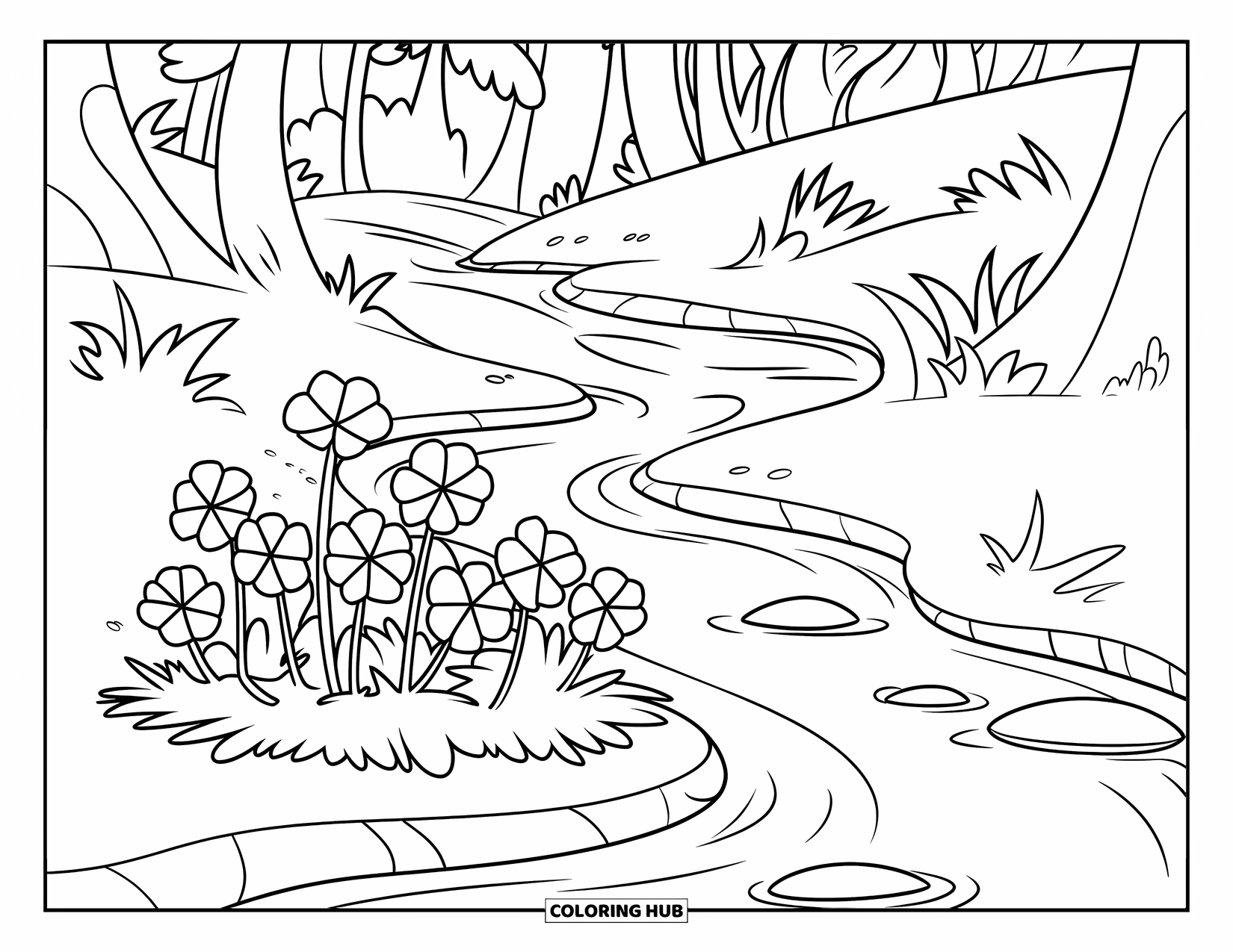 Clover Coloring Page for Kids: Clovers and rocks line a gentle stream surrounded by smooth tree trunks