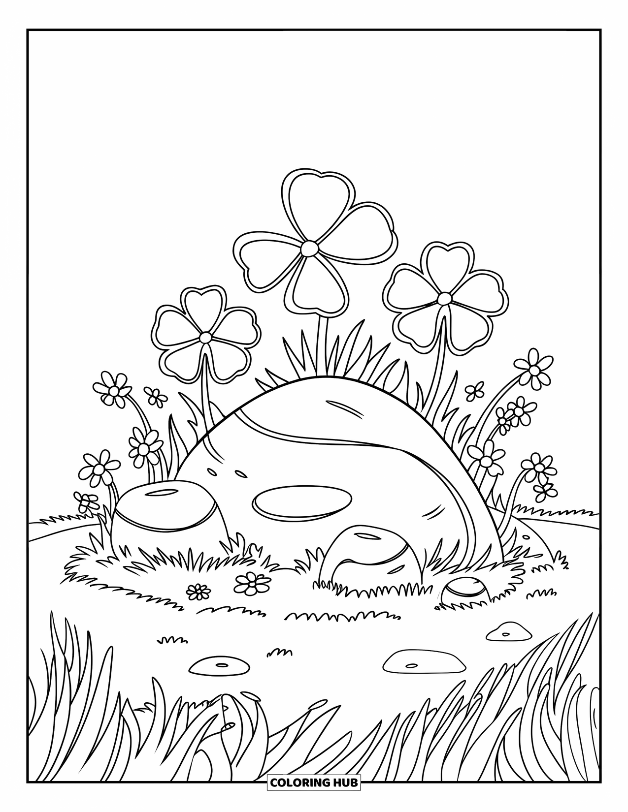 Clover Coloring Page for Kids: Clovers bloom on a rock surrounded by flowers in a quiet meadow