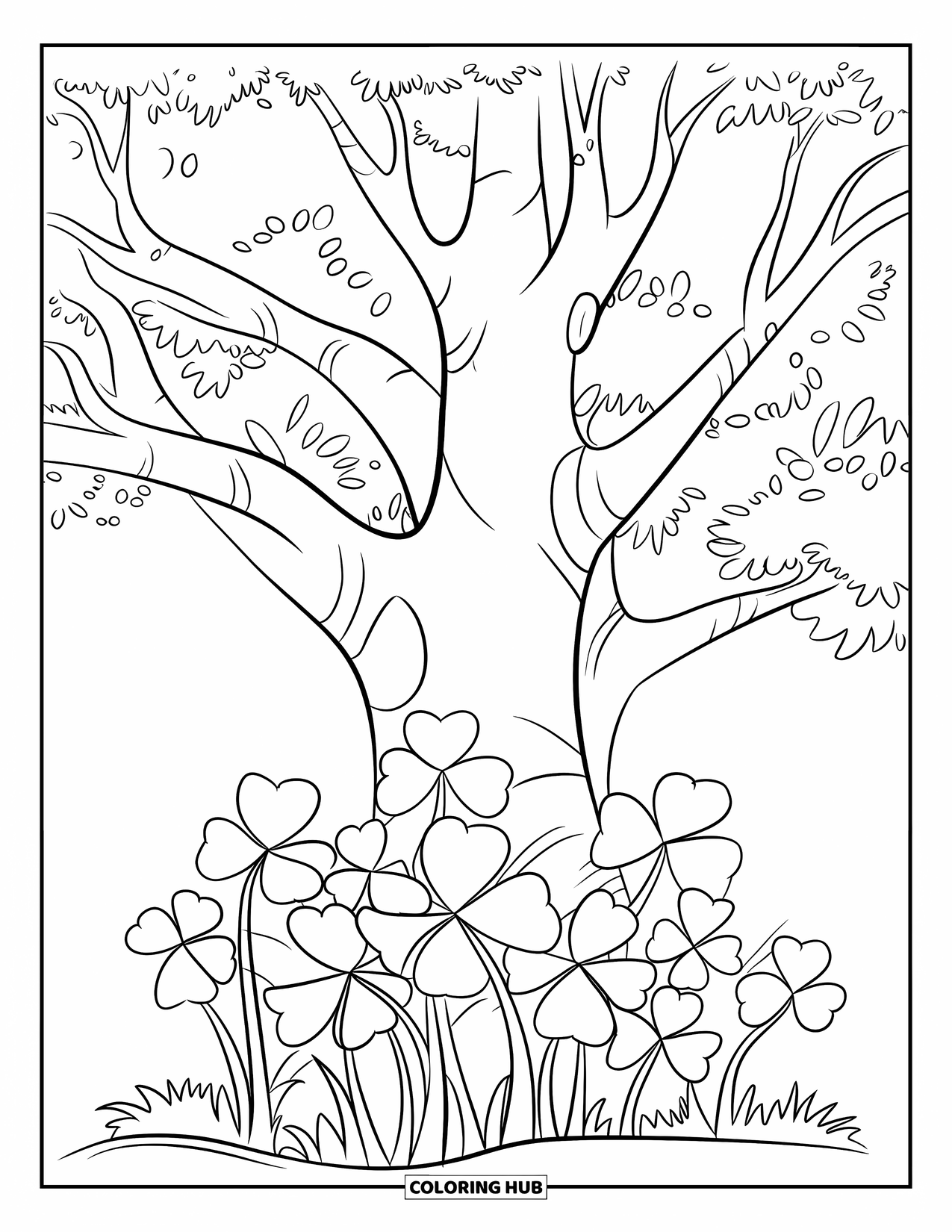 Clover Coloring Page for Kids: Clovers grow around a big tree with a wide trunk