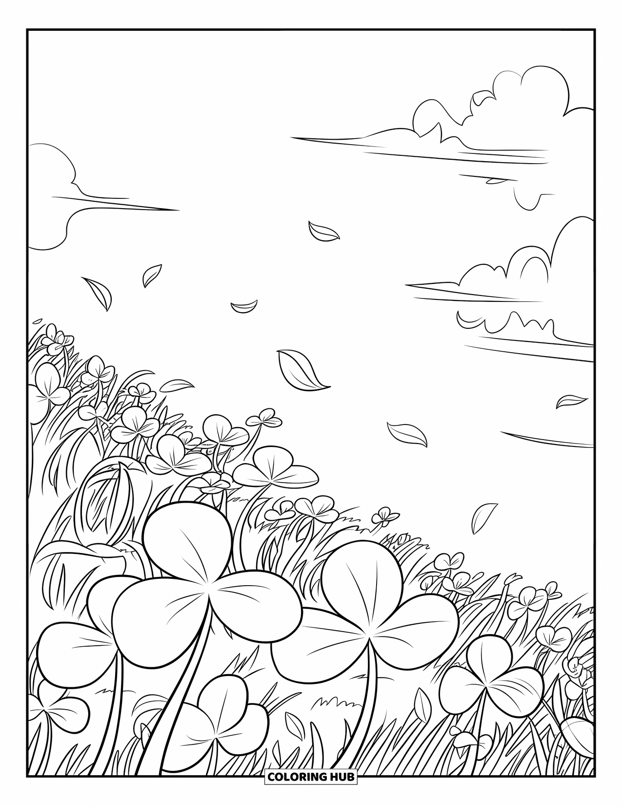 Clover Coloring Page for Kids: Clovers swirl in a breezy field with leaves drifting down