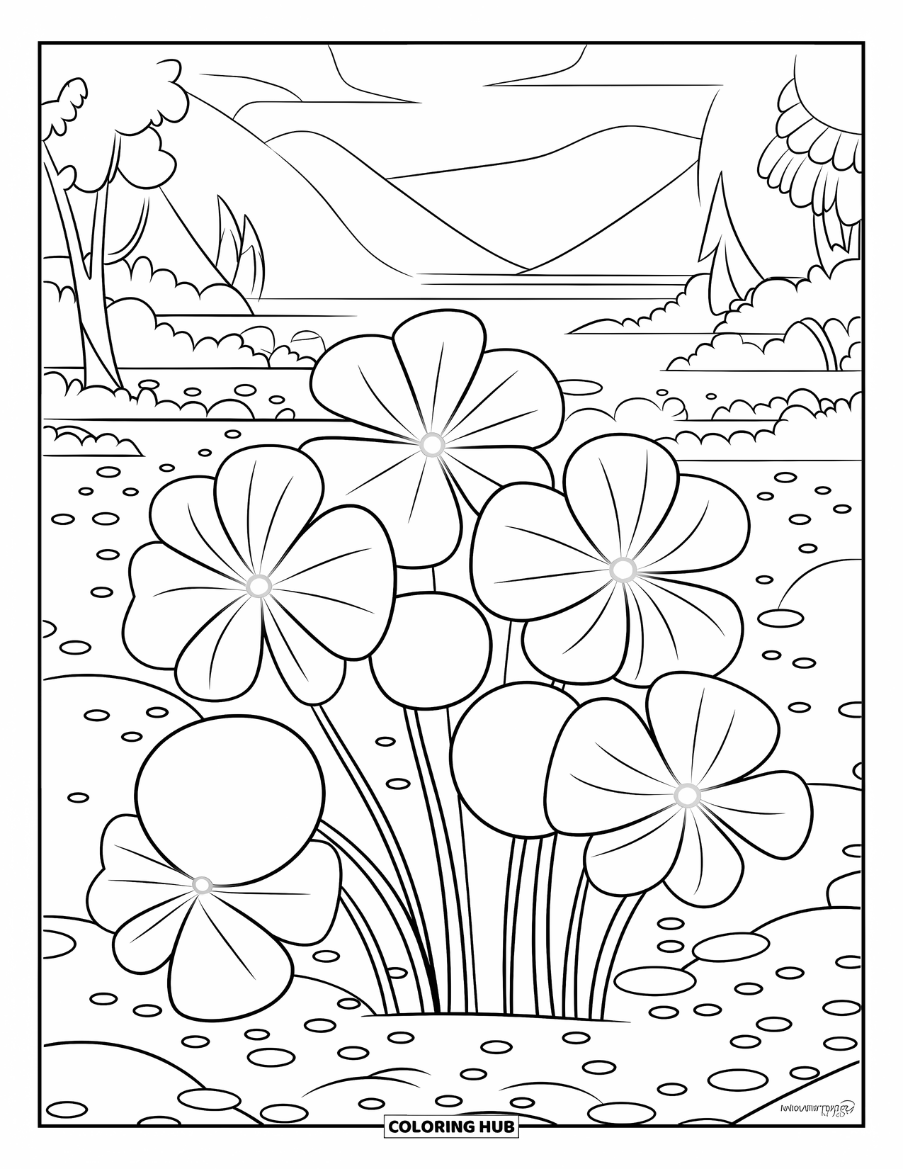 Clover Coloring Page for Kids: Glowing orbs float above giant clovers in a magical garden
