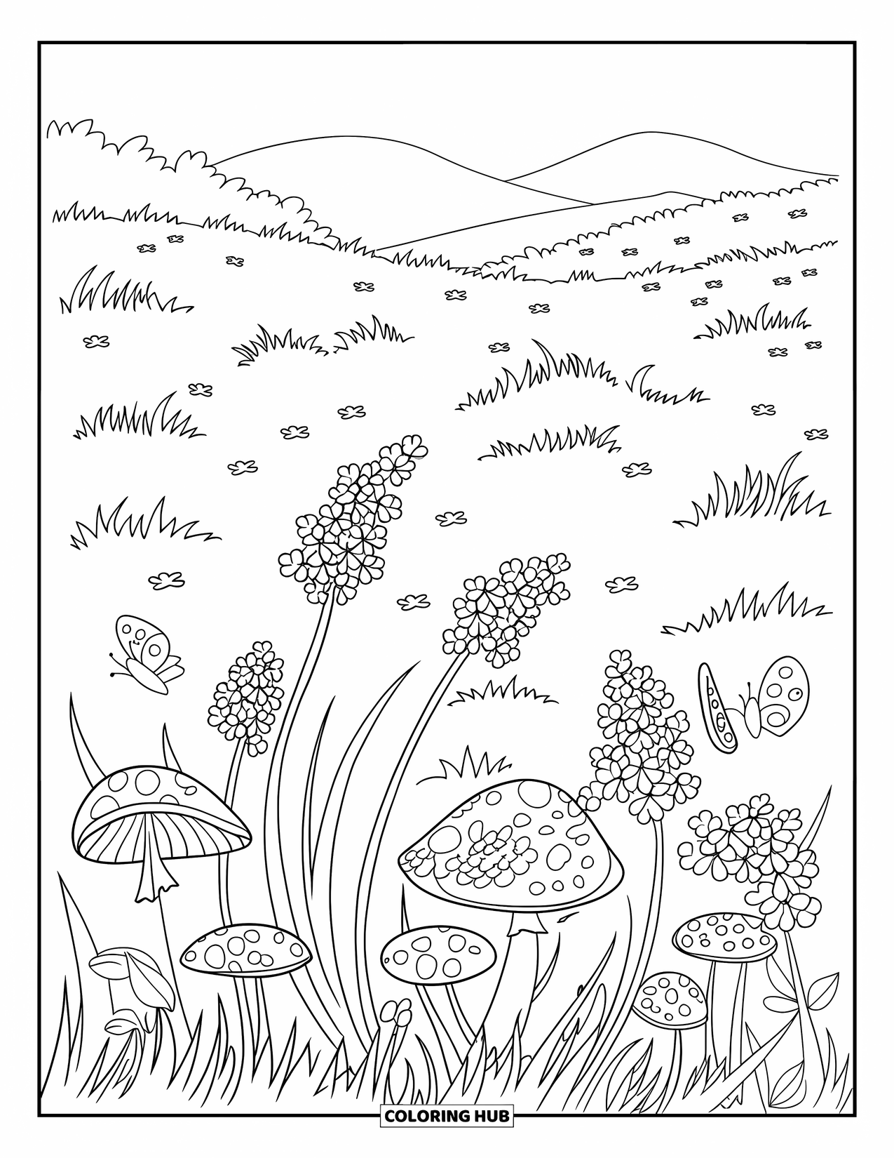Clover Coloring Page for Kids: Ladybugs, butterflies, and mushrooms rest in a quiet clover meadow