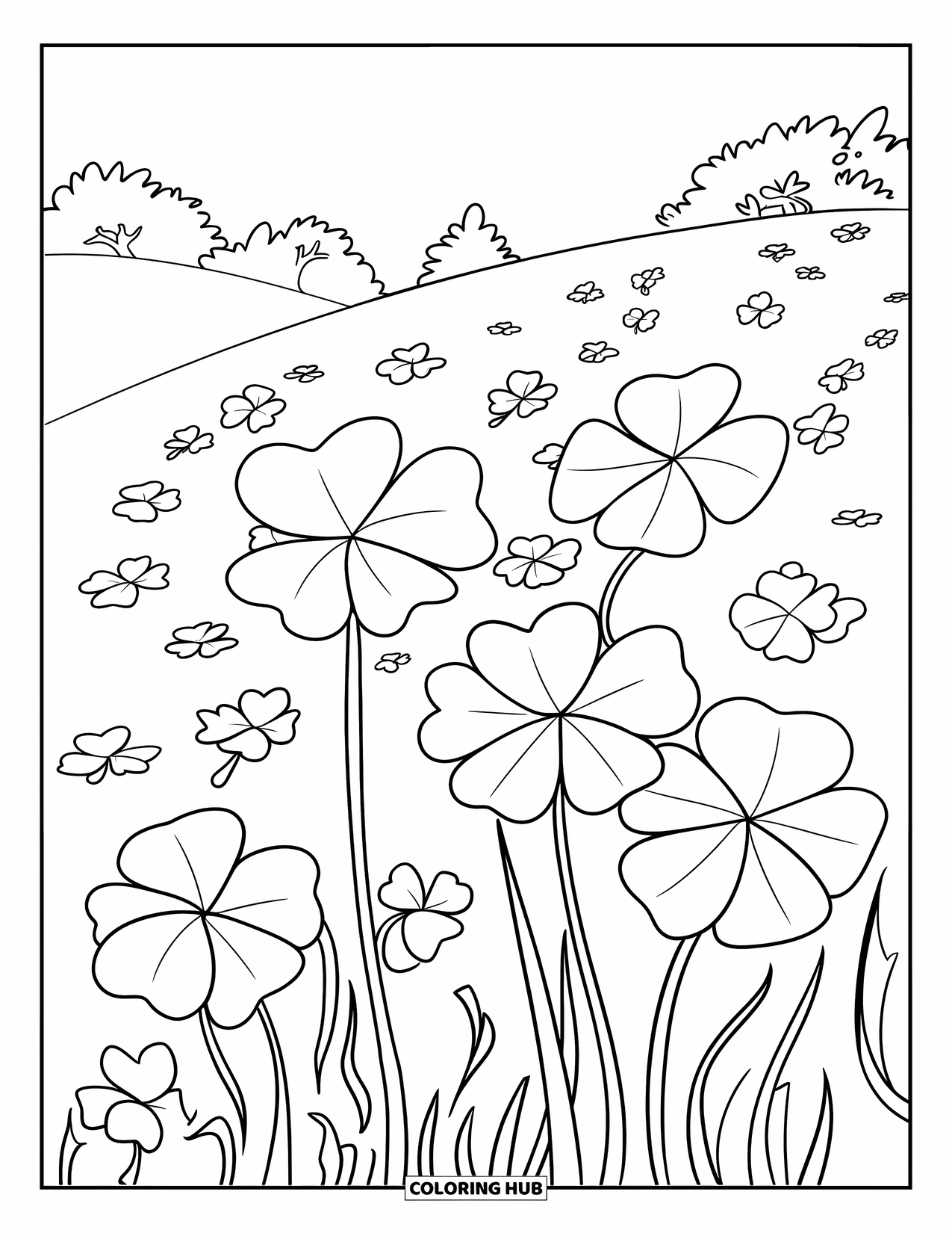 Clover Coloring Page for Kids: Large clovers dance in the wind on a hill with trees