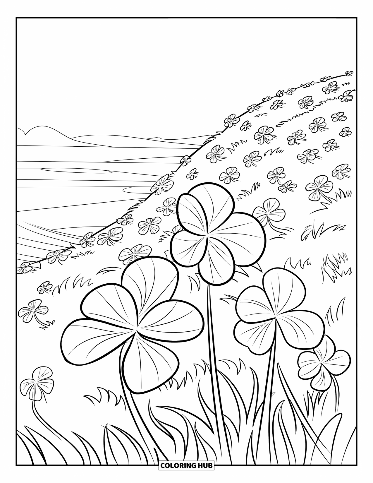 Clover Coloring Page for Kids: Swaying clovers blow across a breezy hill toward the sky