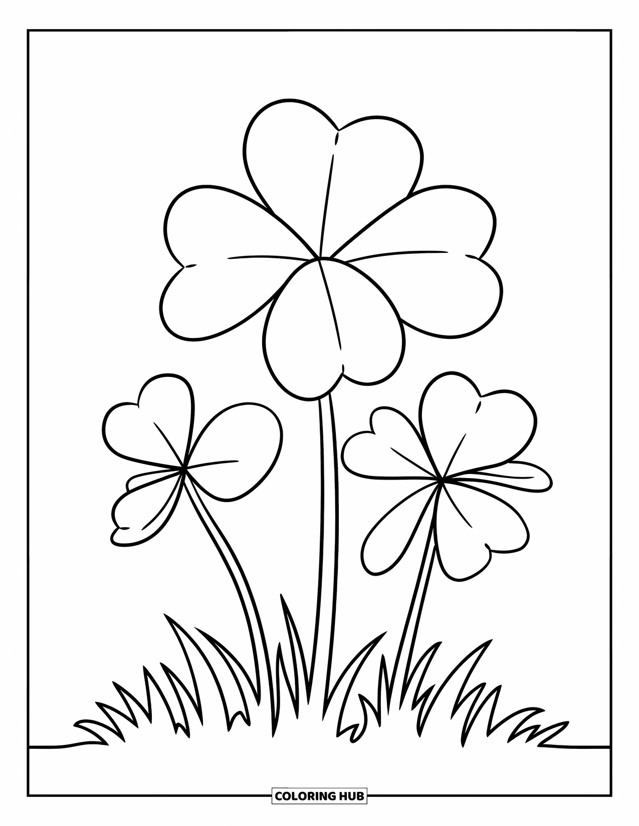 Clover Coloring Page for Kids: Three bold clovers stand in grass on a simple white page