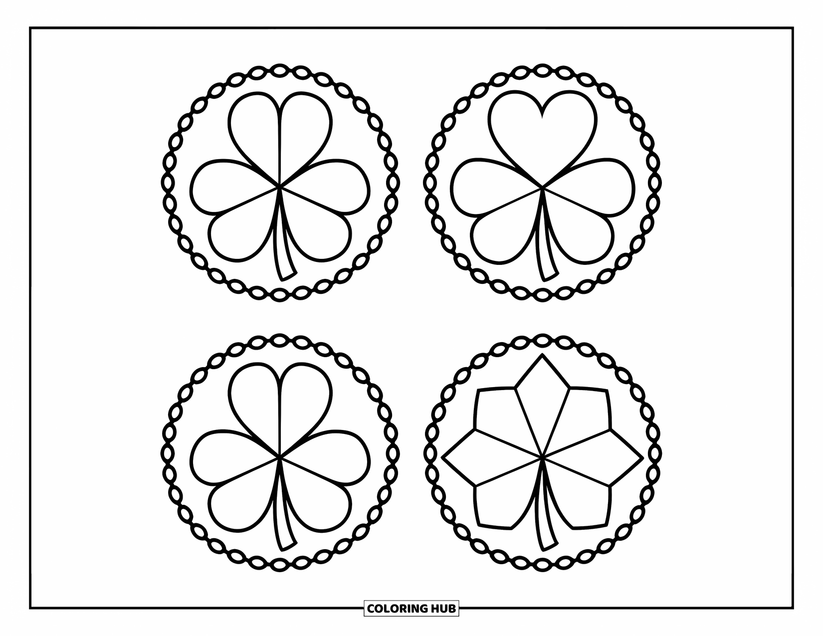 Clover Coloring Page for Kids: Unique leaf-shaped clovers form a grid, each surrounded by little shapes